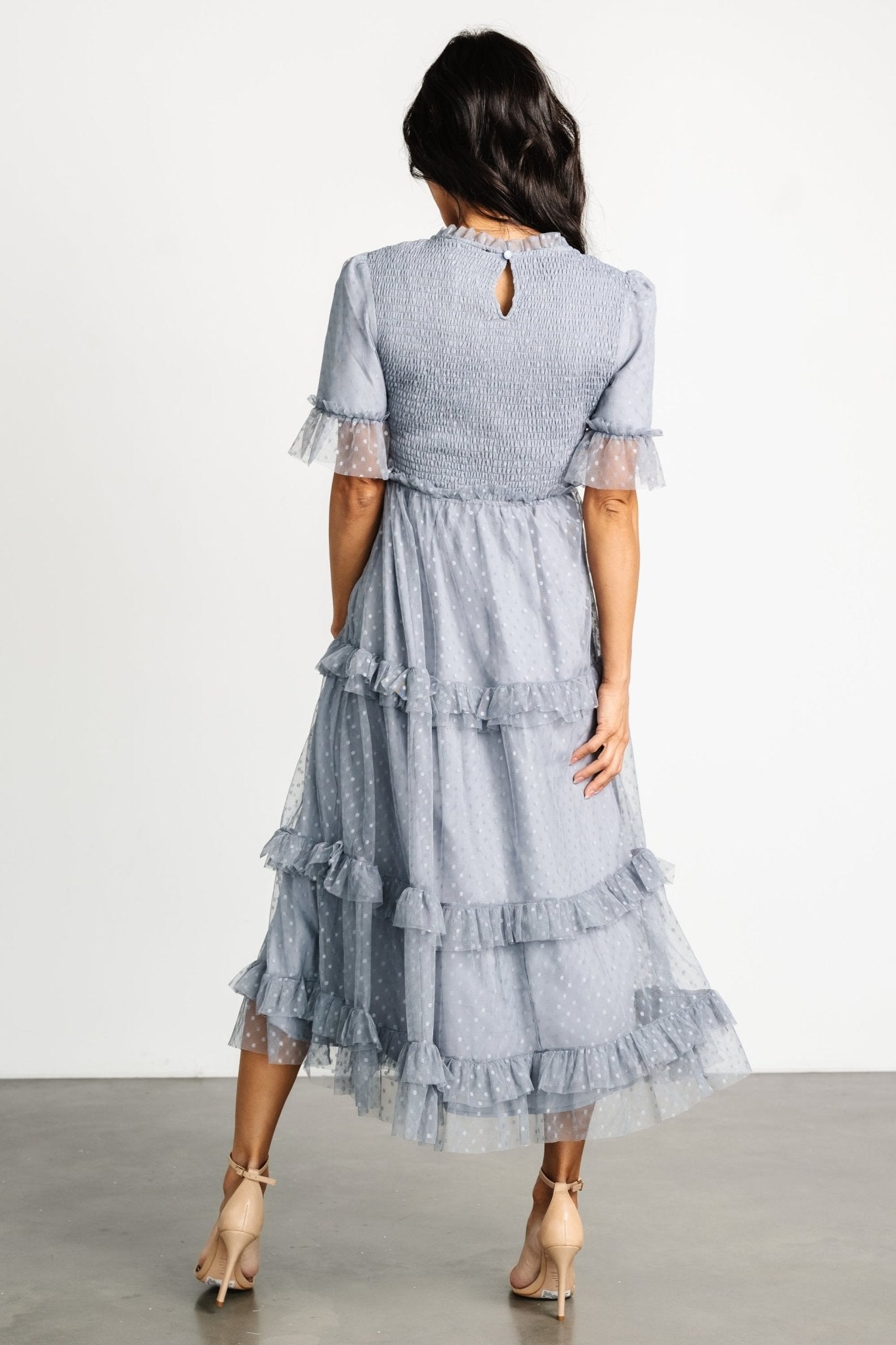 Lysandra Smocked Dot Dress | Dusty Slate Pre Order For Sale