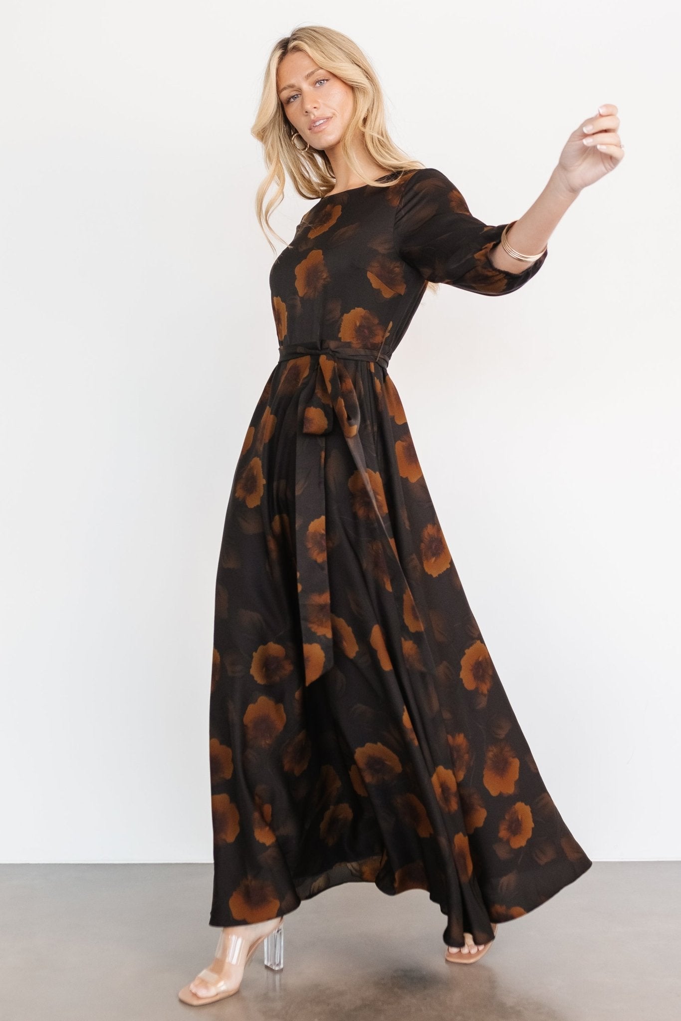 Paula Satin Maxi Dress | Deep Brown Floral Get Authentic For Sale