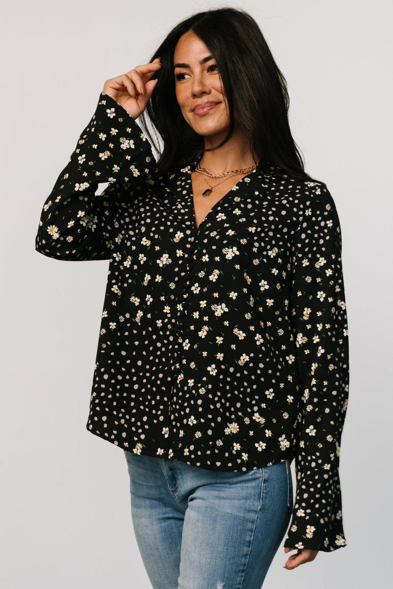 Thelma Button Blouse | Black Print Cheap Pice Discount Authentic