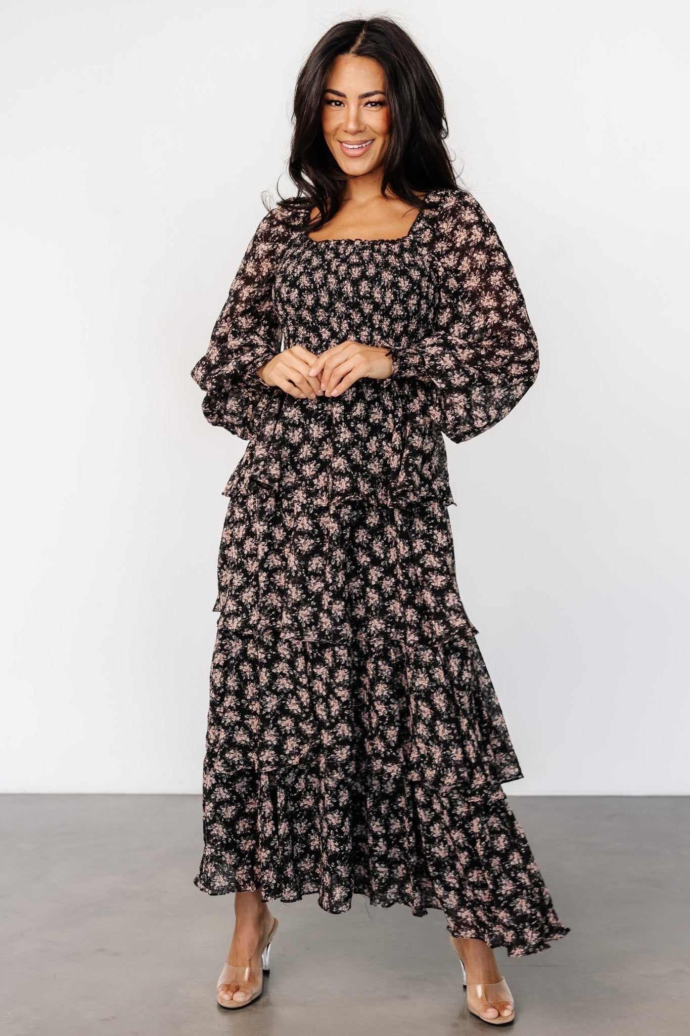 Miranda Tiered Maxi Dress | Black Floral Recommend