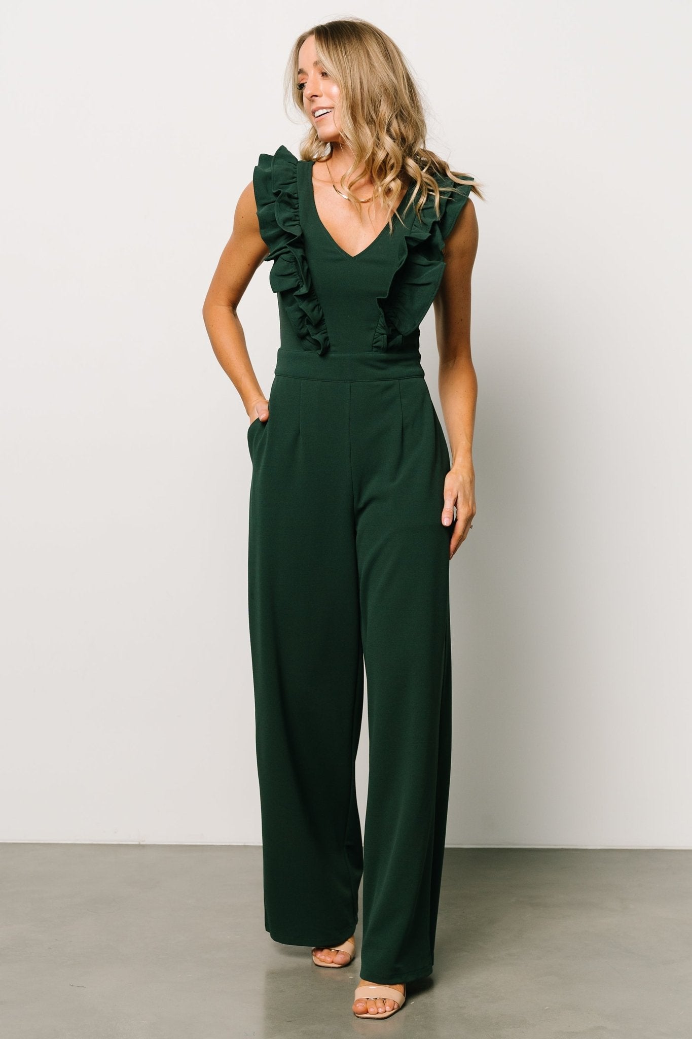 Descanso Ruffle Jumpsuit | Dark Green Clearance Wiki