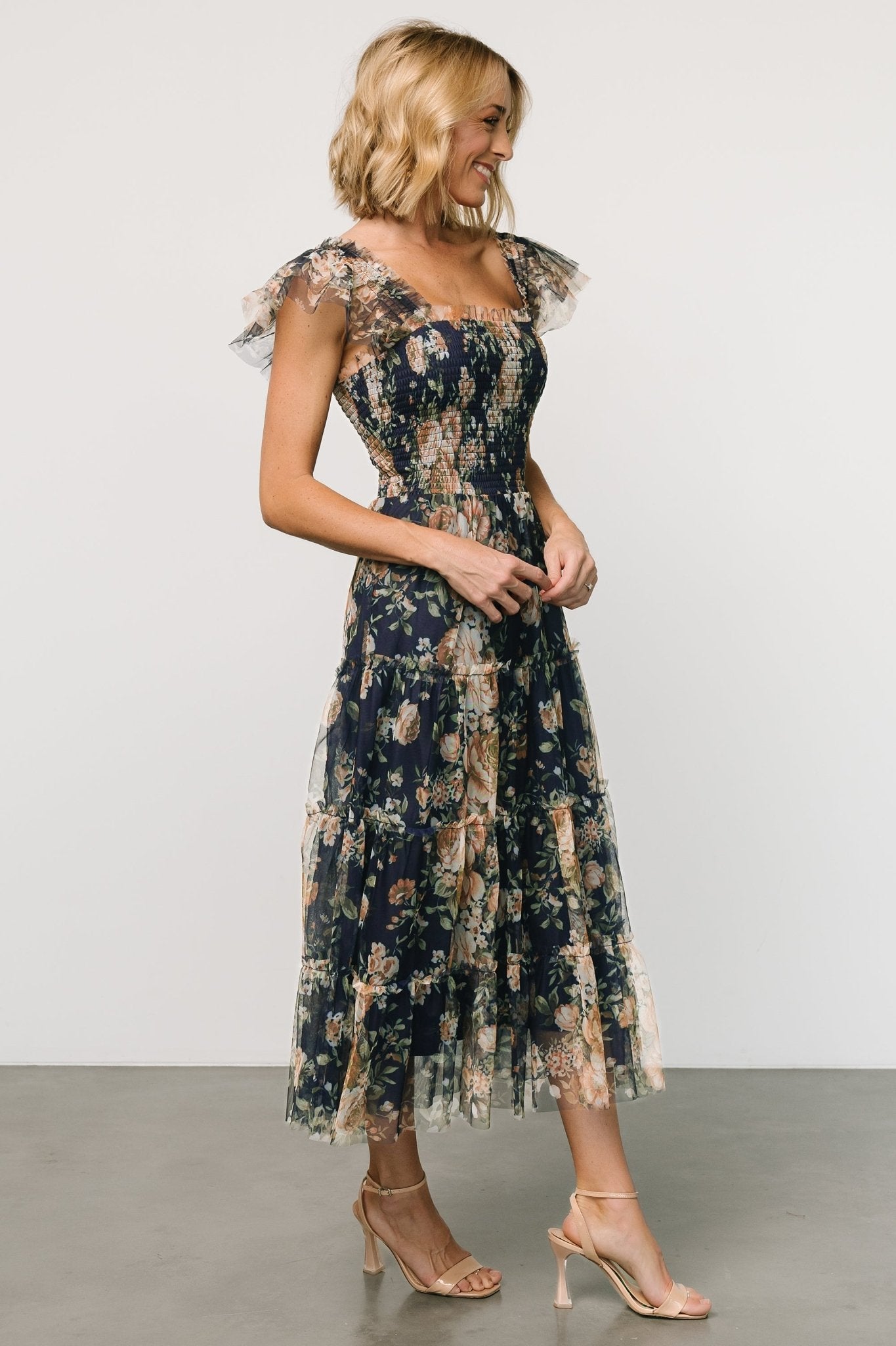 Clementine Tulle Midi Dress | Blue + Golden Floral Discount 2025 Unisex