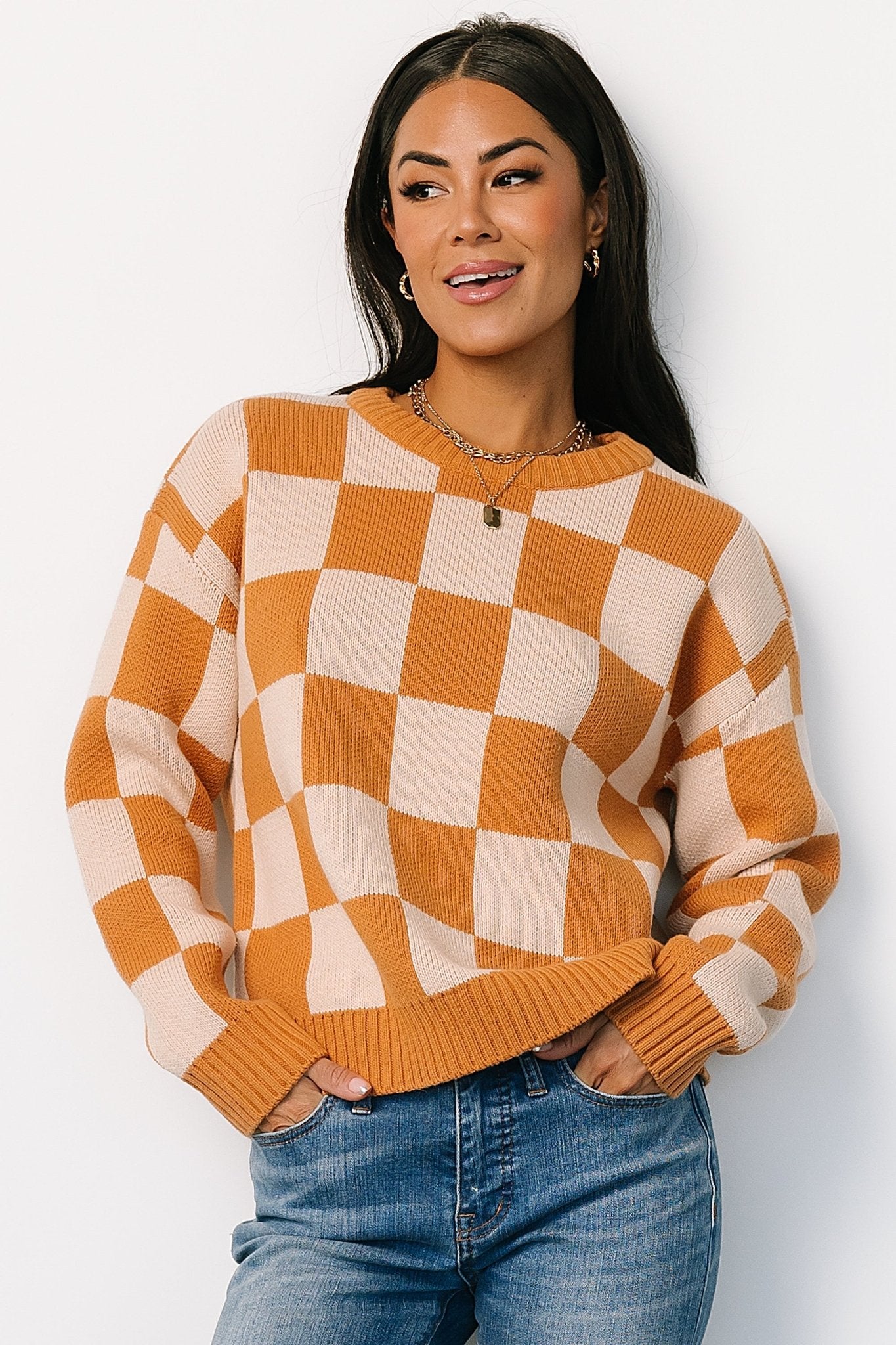 Quincy Checkered Sweater | Pumpkin Spice Get To Buy For Sale