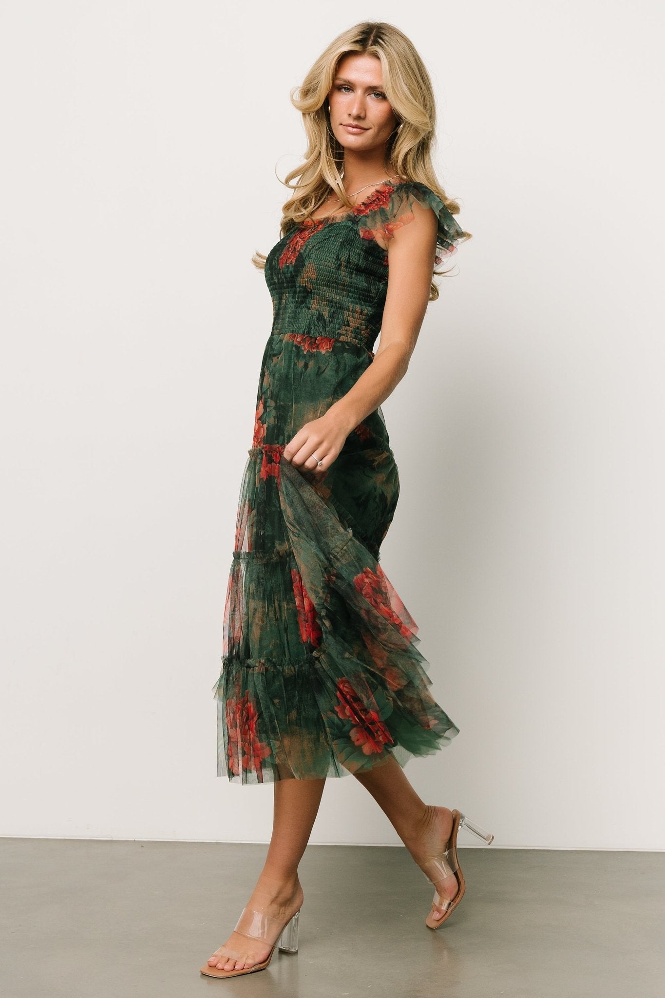 Clementine Tulle Midi Dress | Dark Green Floral Buy Cheap From China