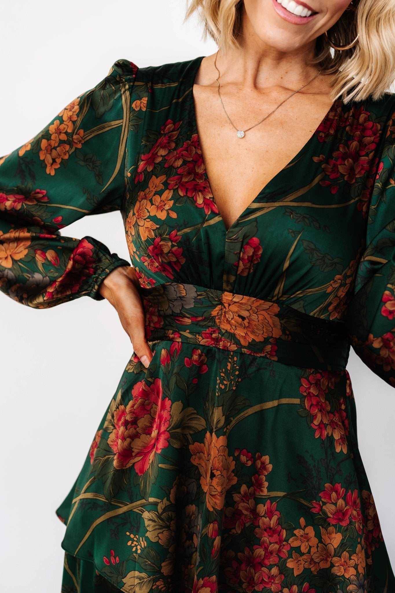 Montrouge Tiered Satin Dress | Emerald Floral Cheap Sale Purchase