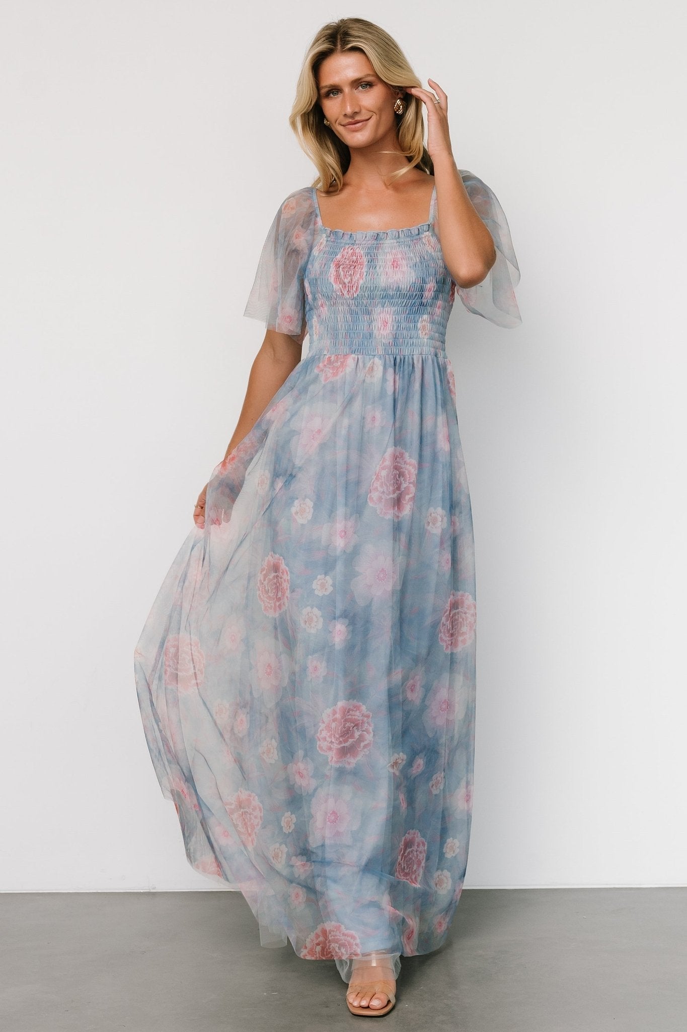 Cassandra Tulle Maxi Dress | Light Blue + Pink Floral 100% Authentic Sale Online