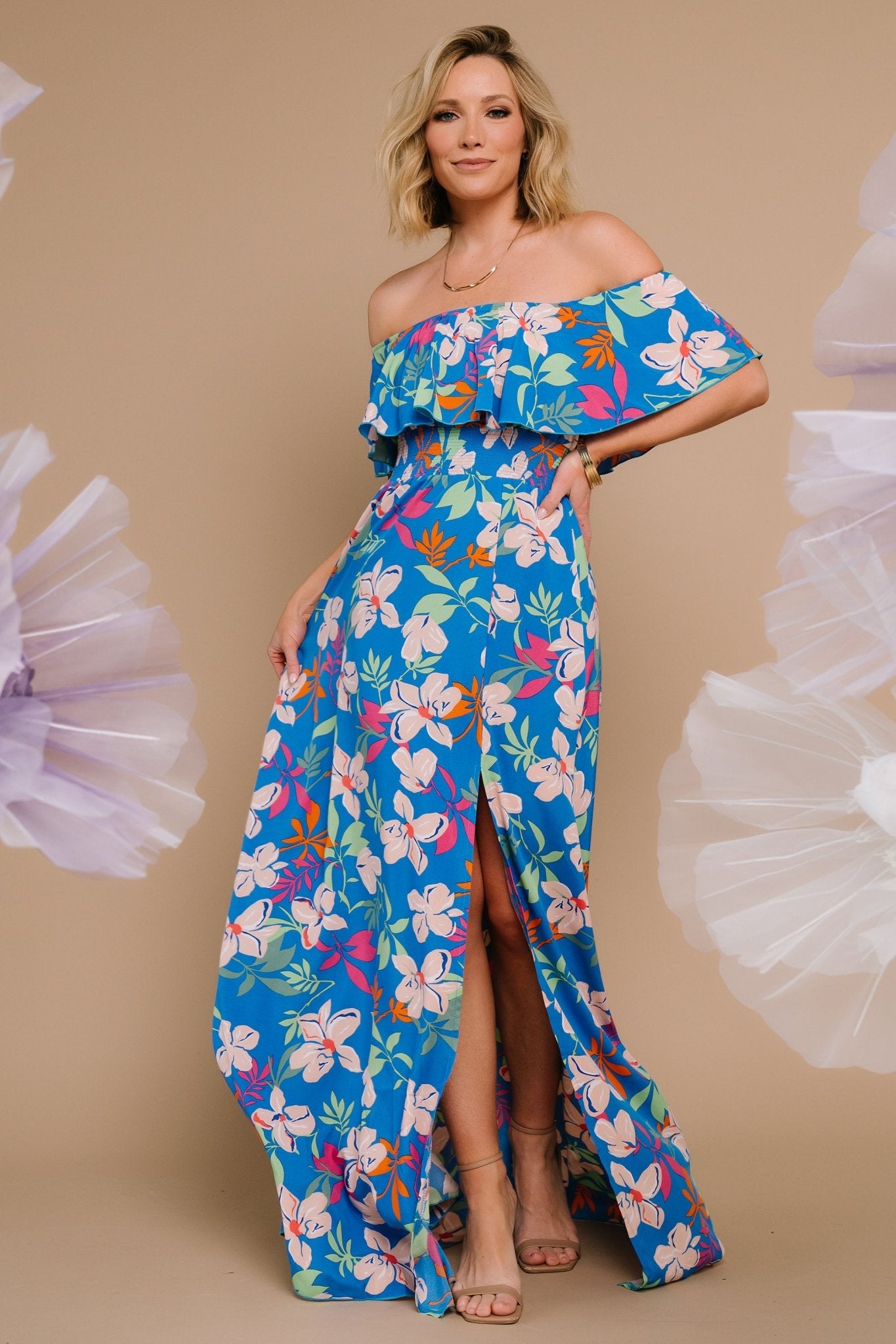 Talia Off Shoulder Maxi Dress | Blue Floral Clearance Newest