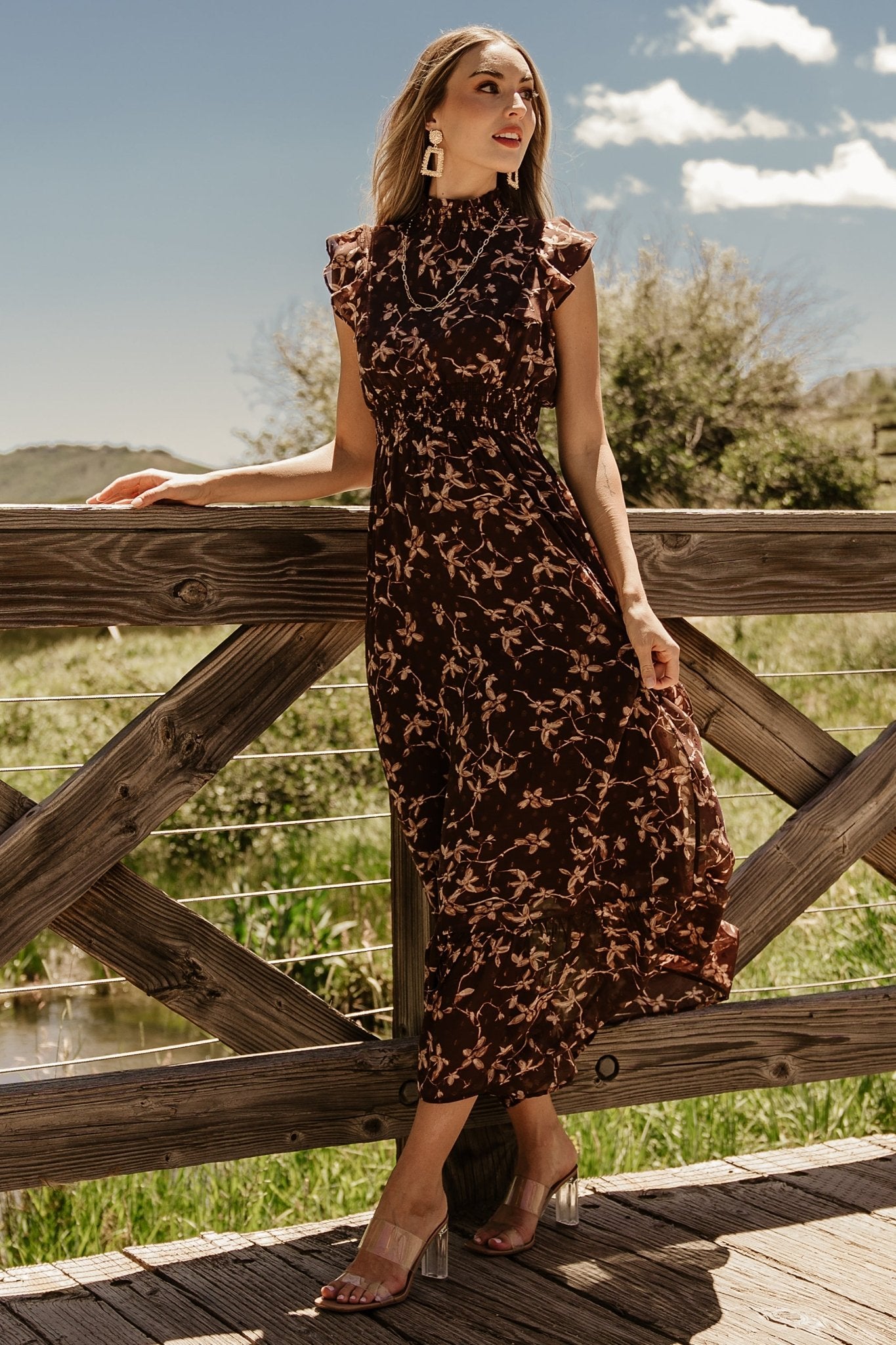 Kearny Ruffle Maxi Dress | Brown + Natural Discount Wholesale