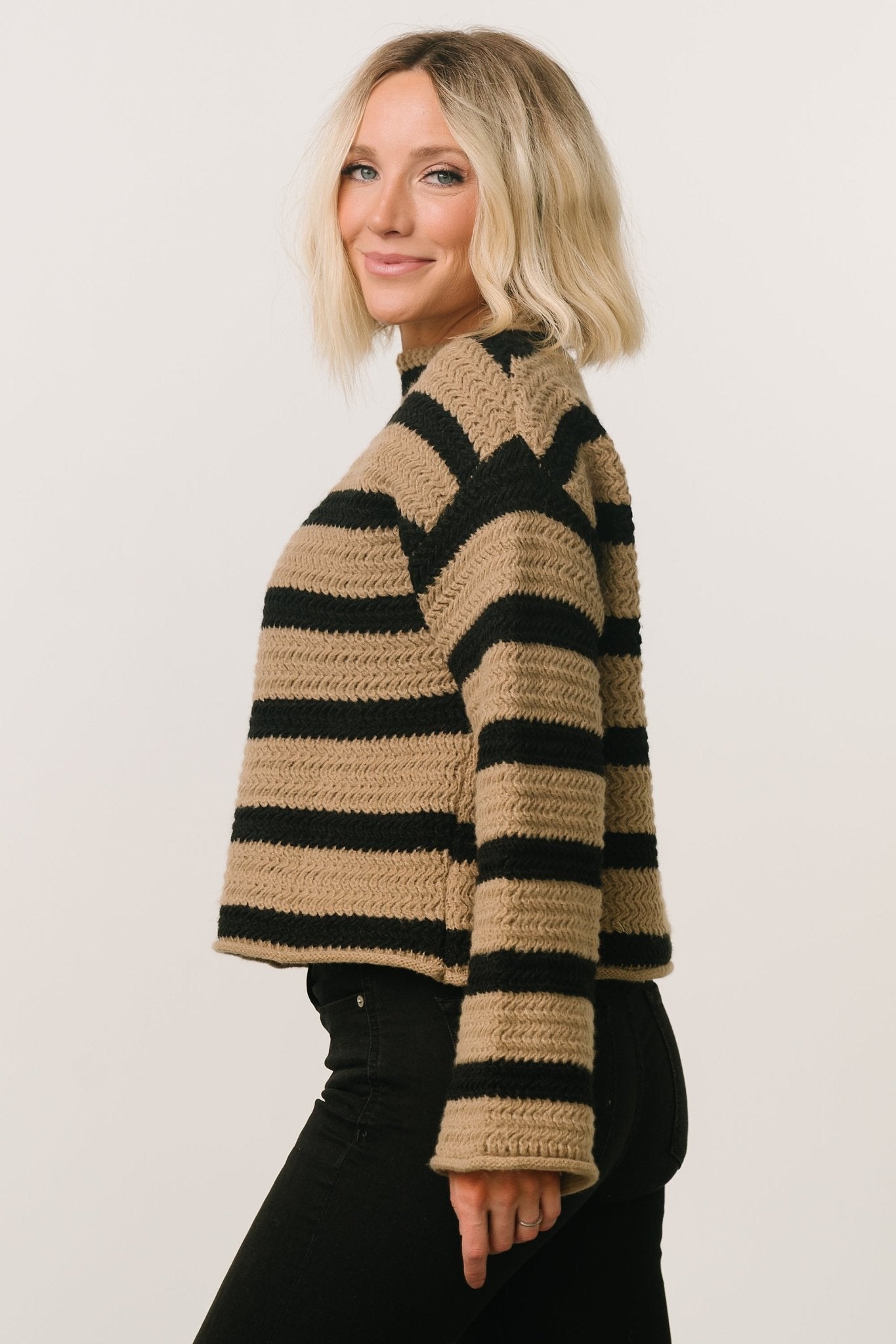 Robbie Striped Knit Sweater | Black + Camel Cheap Sale 2025