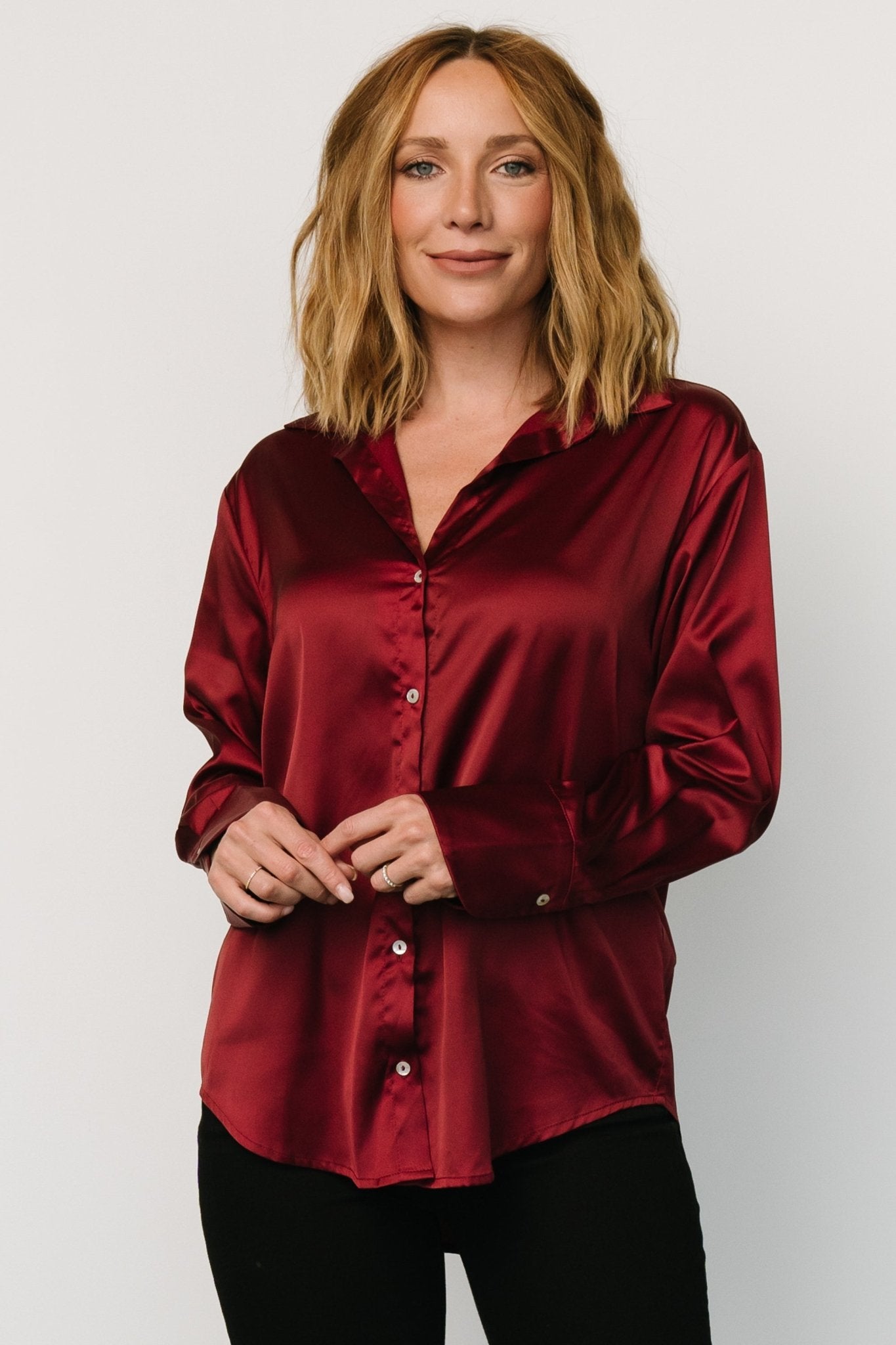 Kacey Satin Button Up Top | Burgundy Clearance Official Site