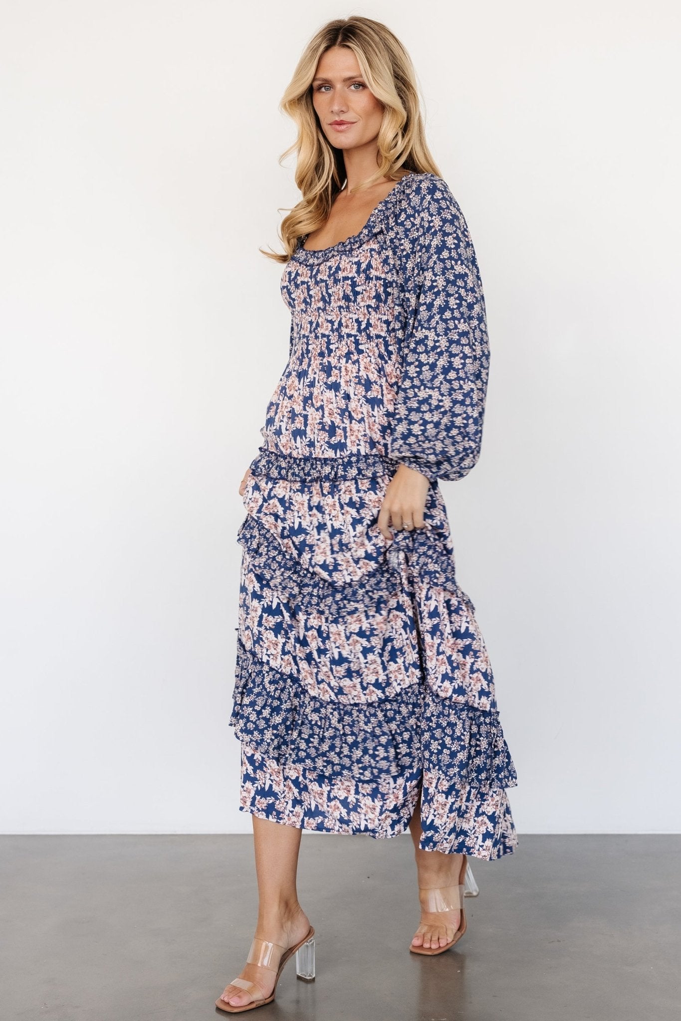 Dynah Tiered Dress | Blue + Cream Floral For Sale Free Shipping