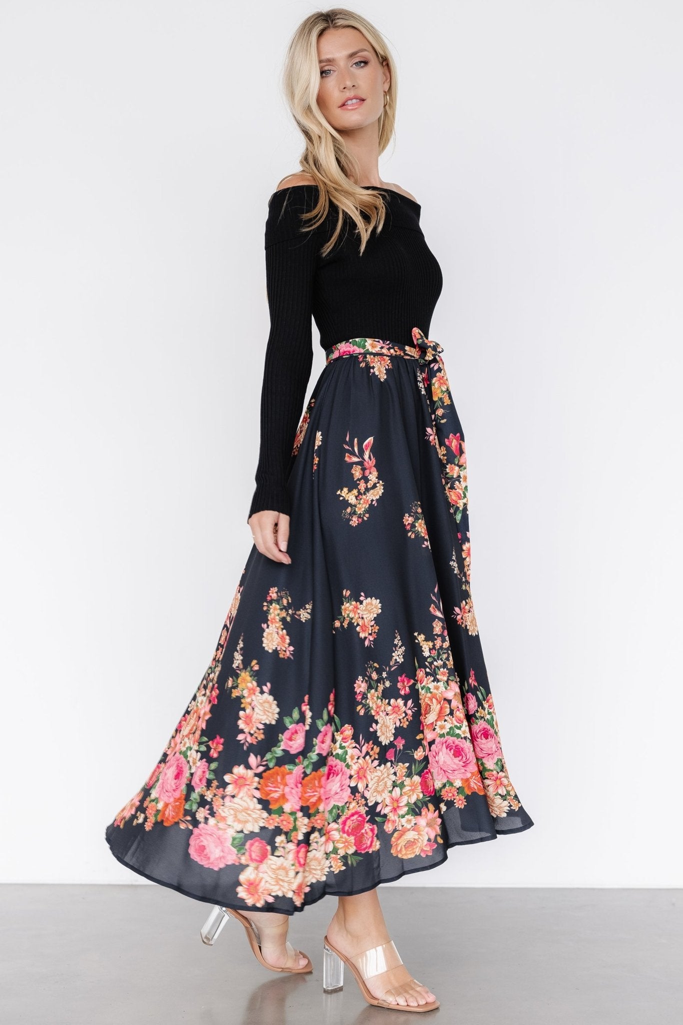 Qadira Off Shoulder Dress | Black + Multi Floral Comfortable