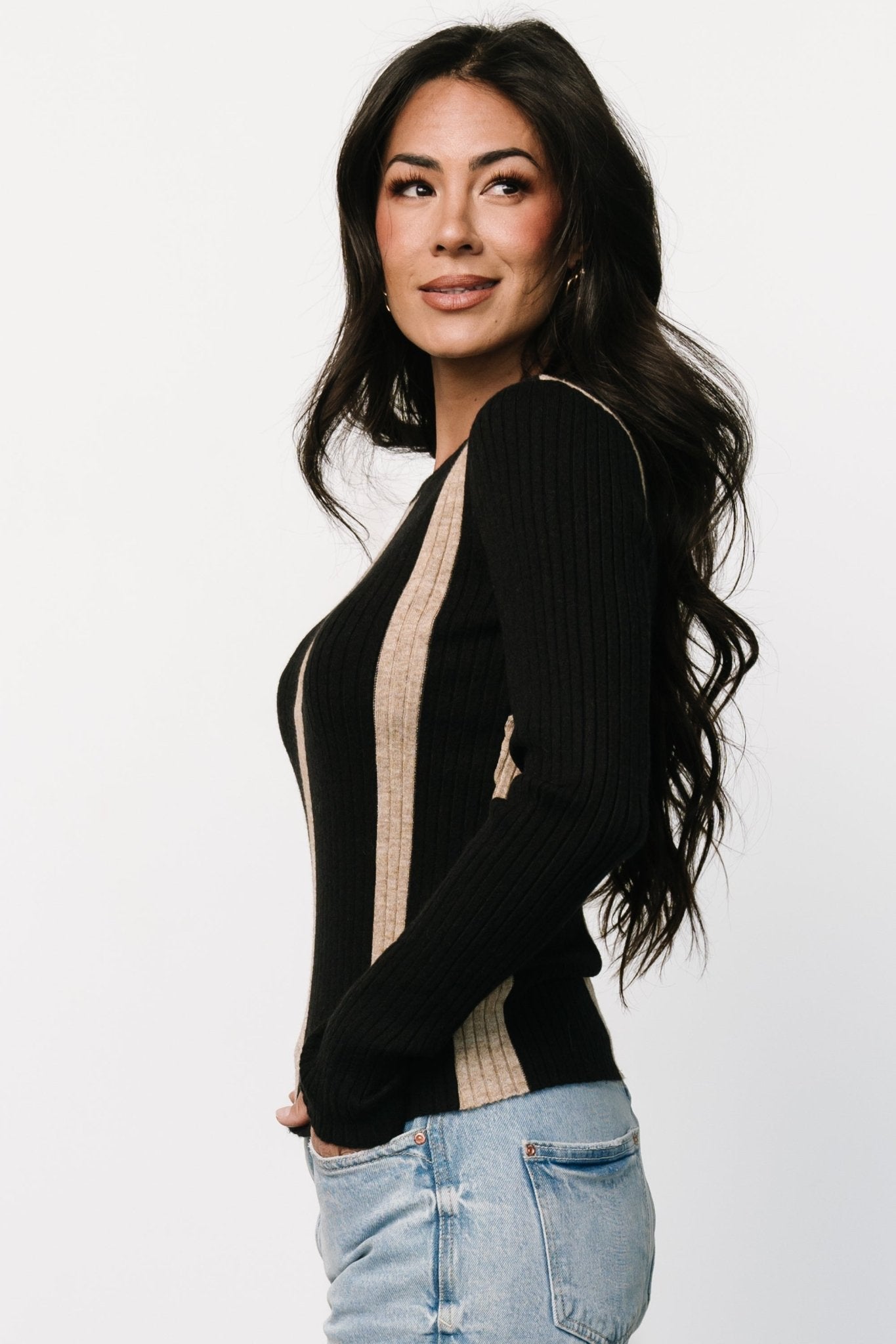 Jolene Ribbed Sweater Top | Black + Tan Stripe Cheap Purchase