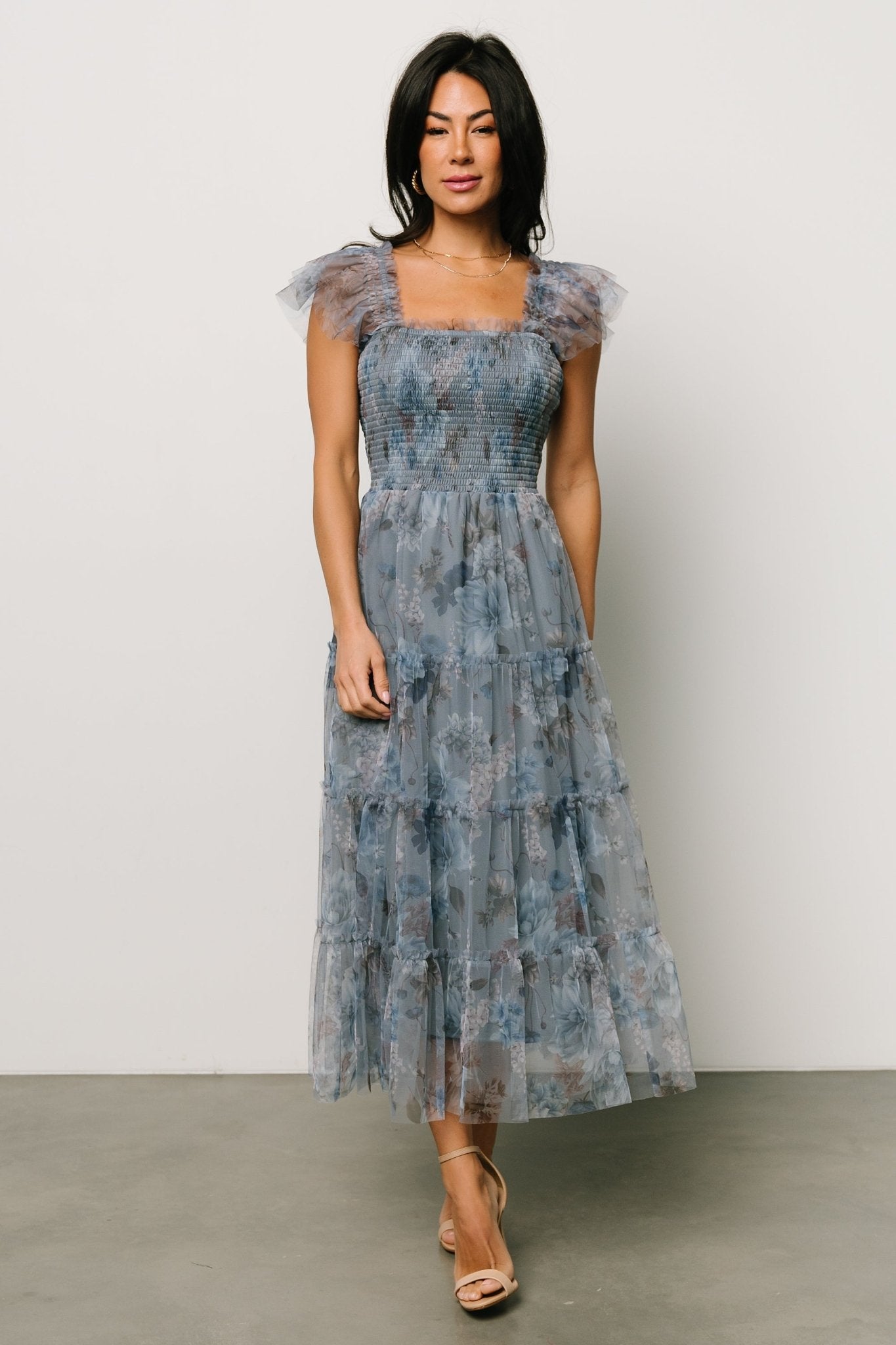 Clementine Tulle Midi Dress | Dusty Blue Floral Clearance With Mastercard