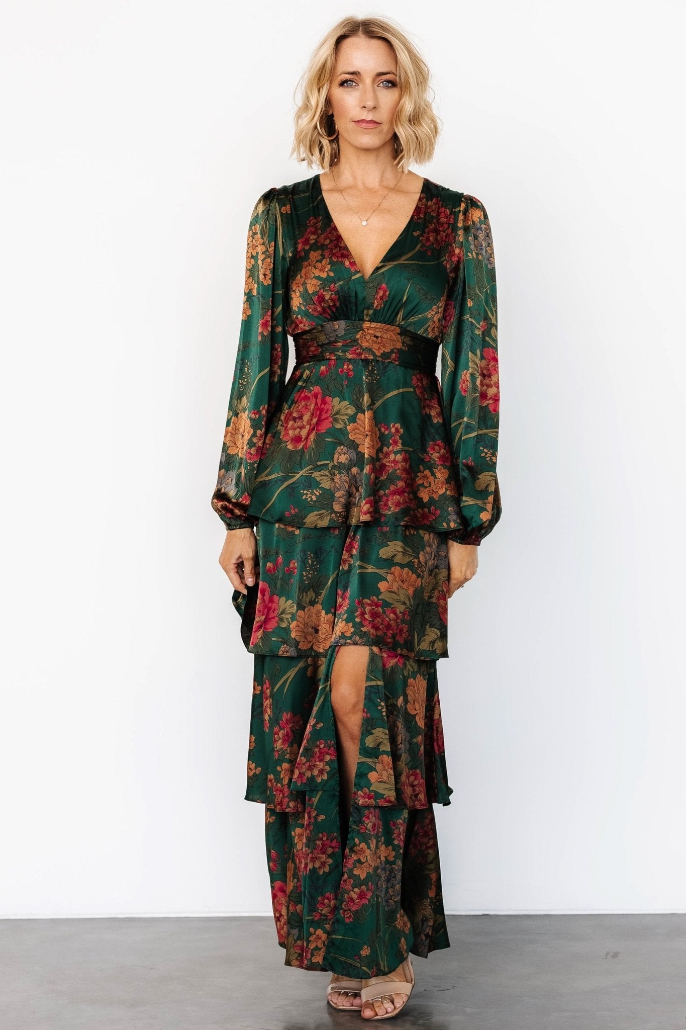 Montrouge Tiered Satin Dress | Emerald Floral Cheap Sale Purchase