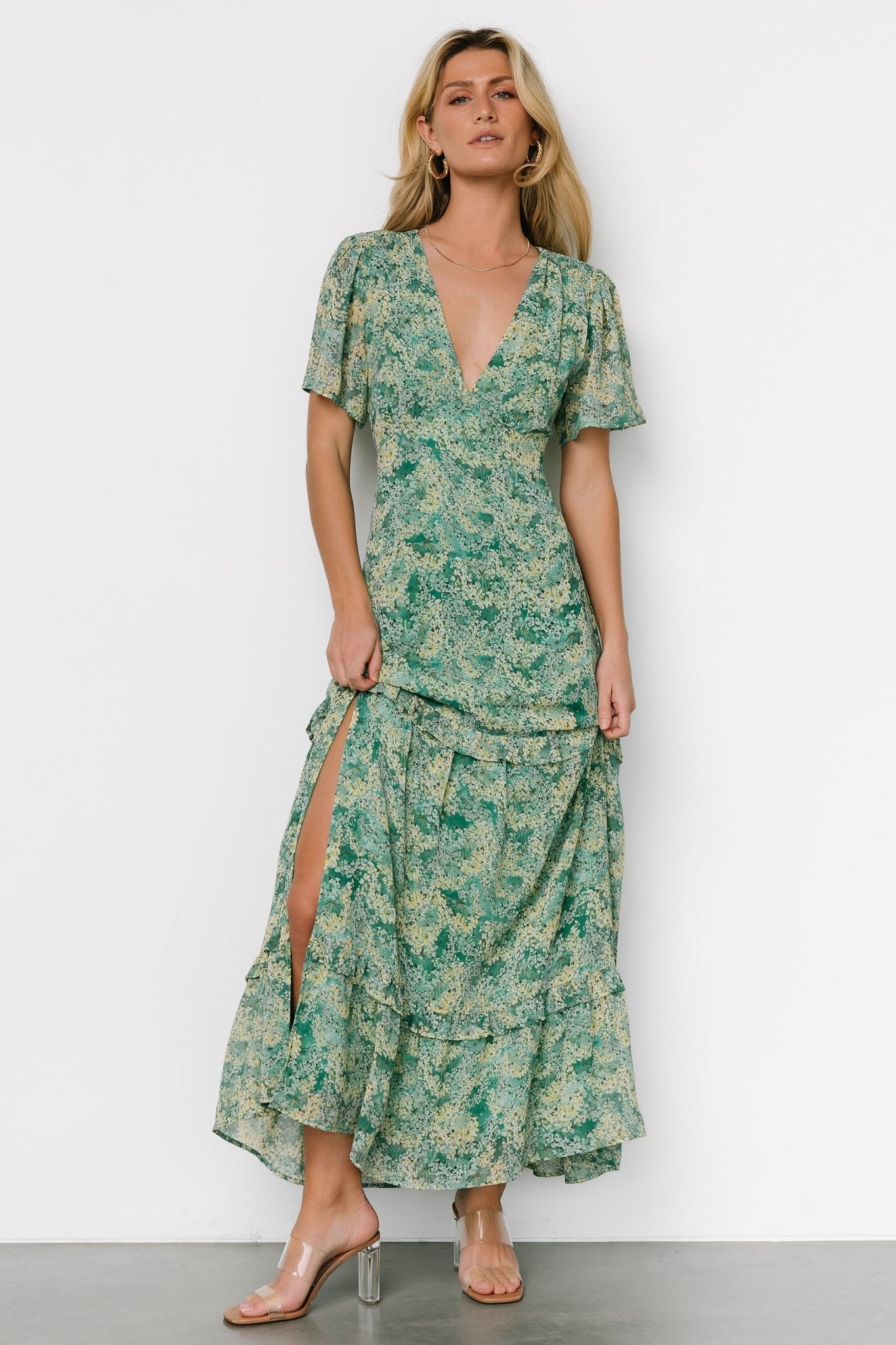 Audrey Deep V Maxi Dress | Green Floral Outlet Buy