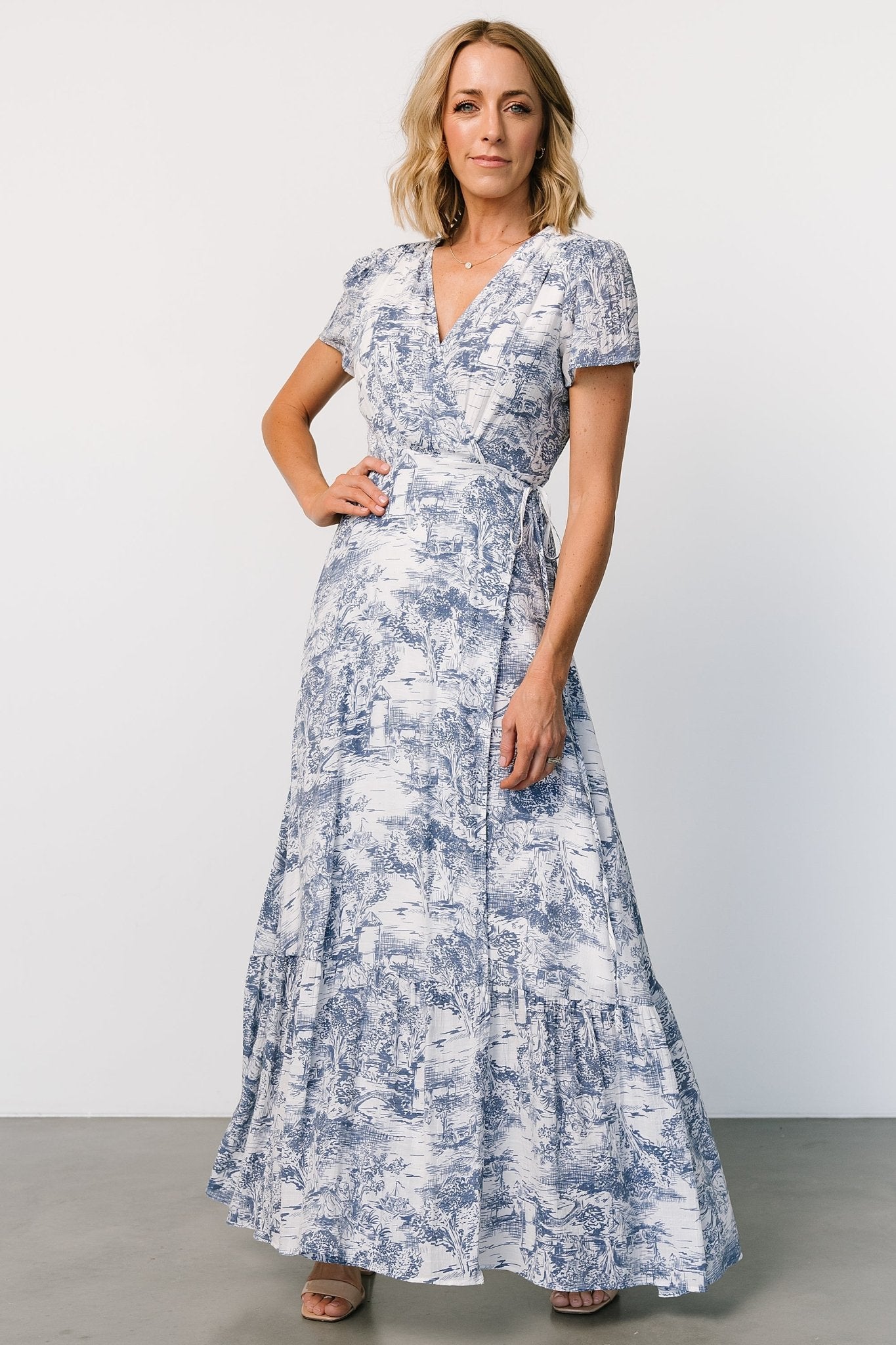 Dulce Wrap Maxi Dress | White + Blue Print Outlet Affordable