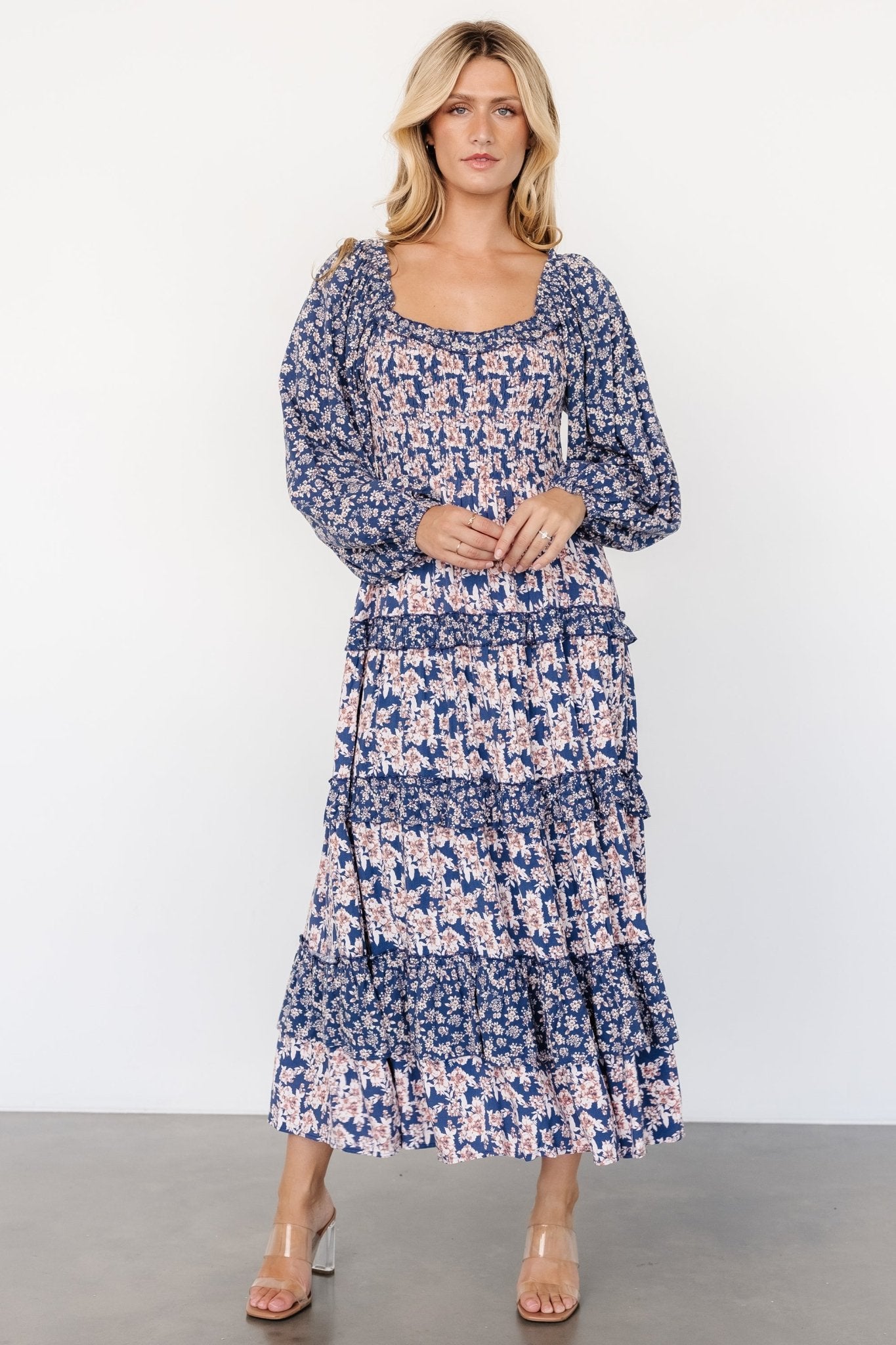 Dynah Tiered Dress | Blue + Cream Floral For Sale Free Shipping