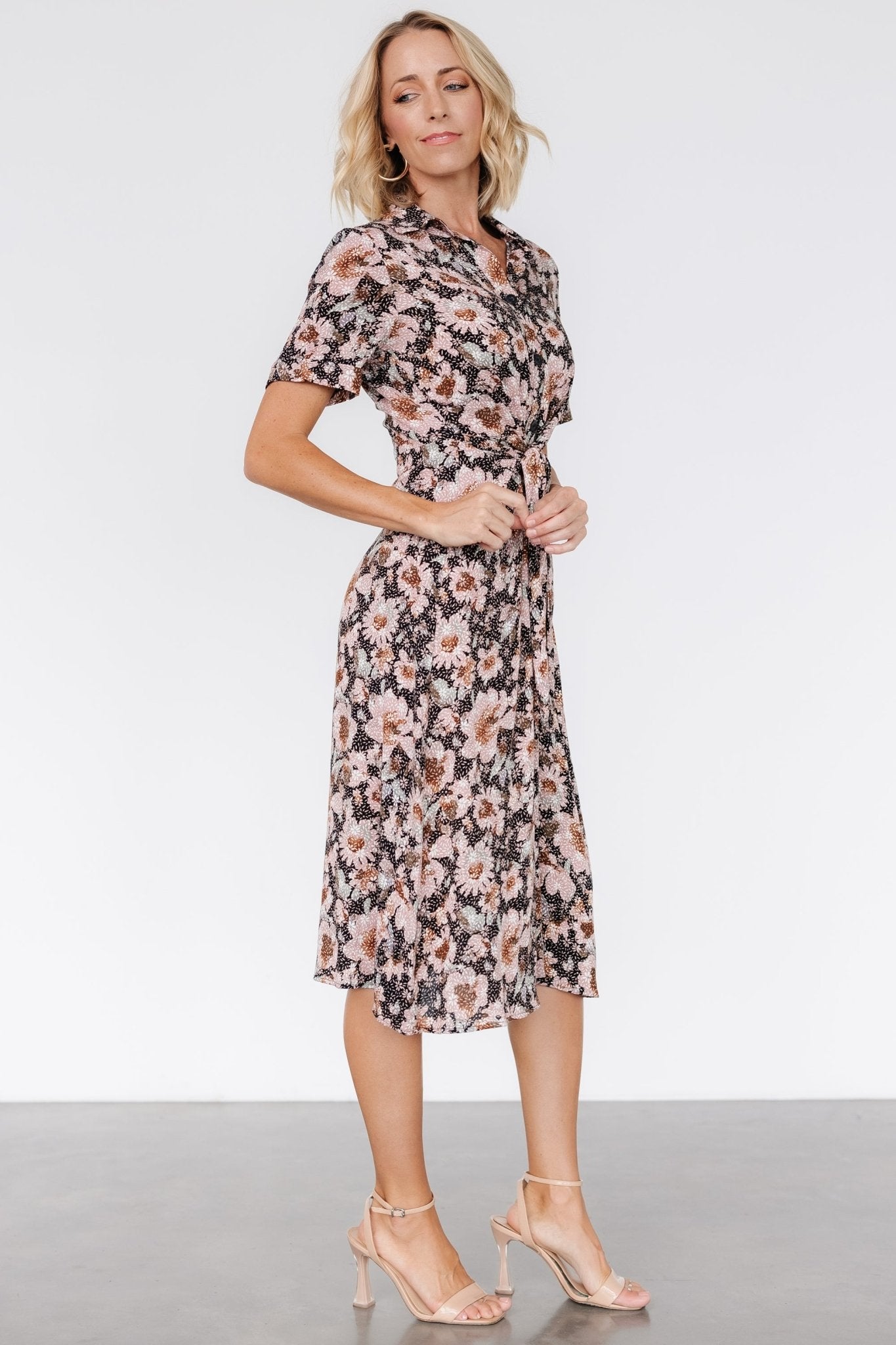 Feya Button Midi Dress | Black + Mauve Floral Free Shipping Manchester Great Sale