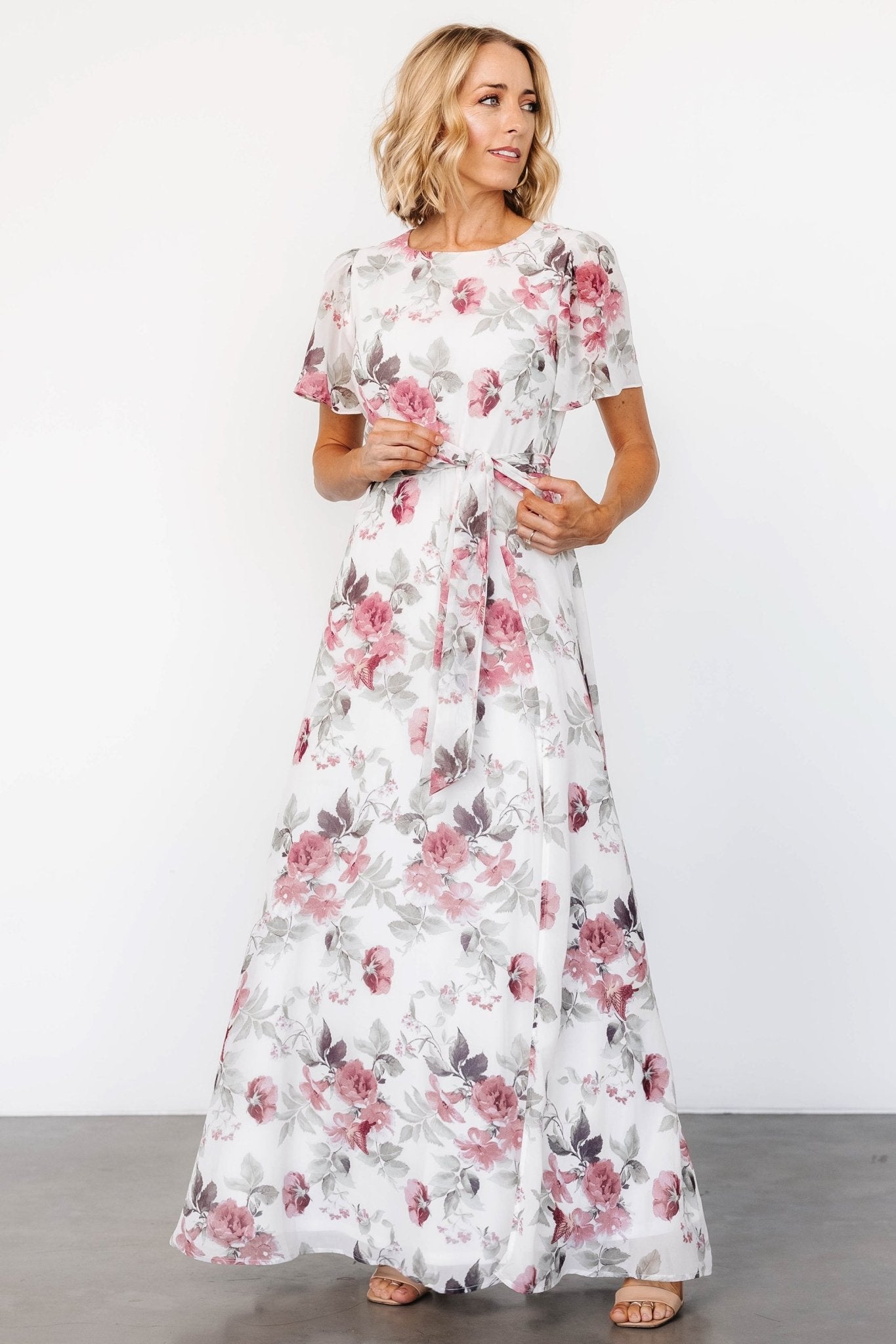 Naomi Short Sleeve Maxi Dress | Off White + Rose Floral Sale Best Sale