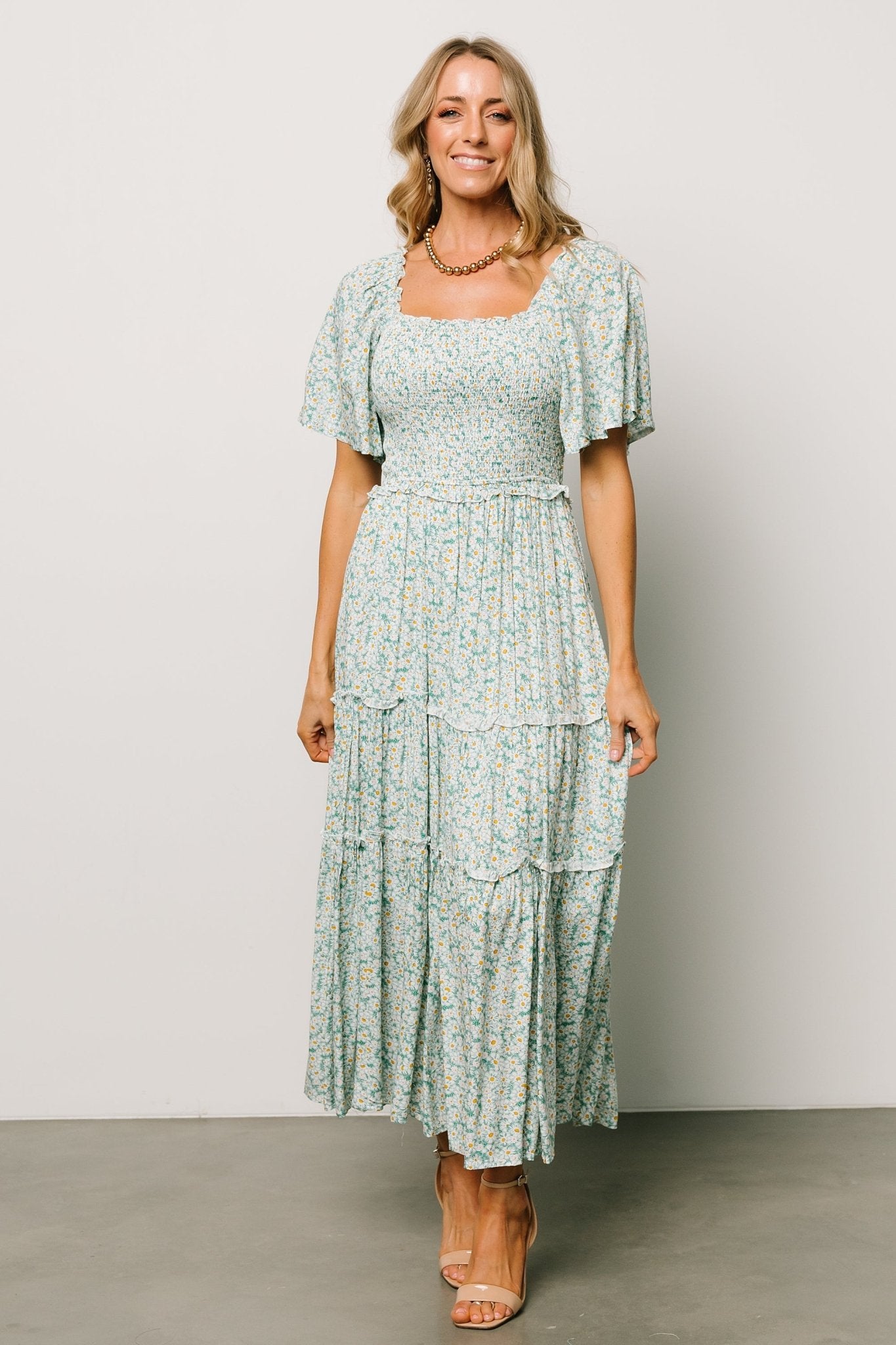 Regina Smocked Maxi Dress | Green Floral With Credit Card Cheap Pice