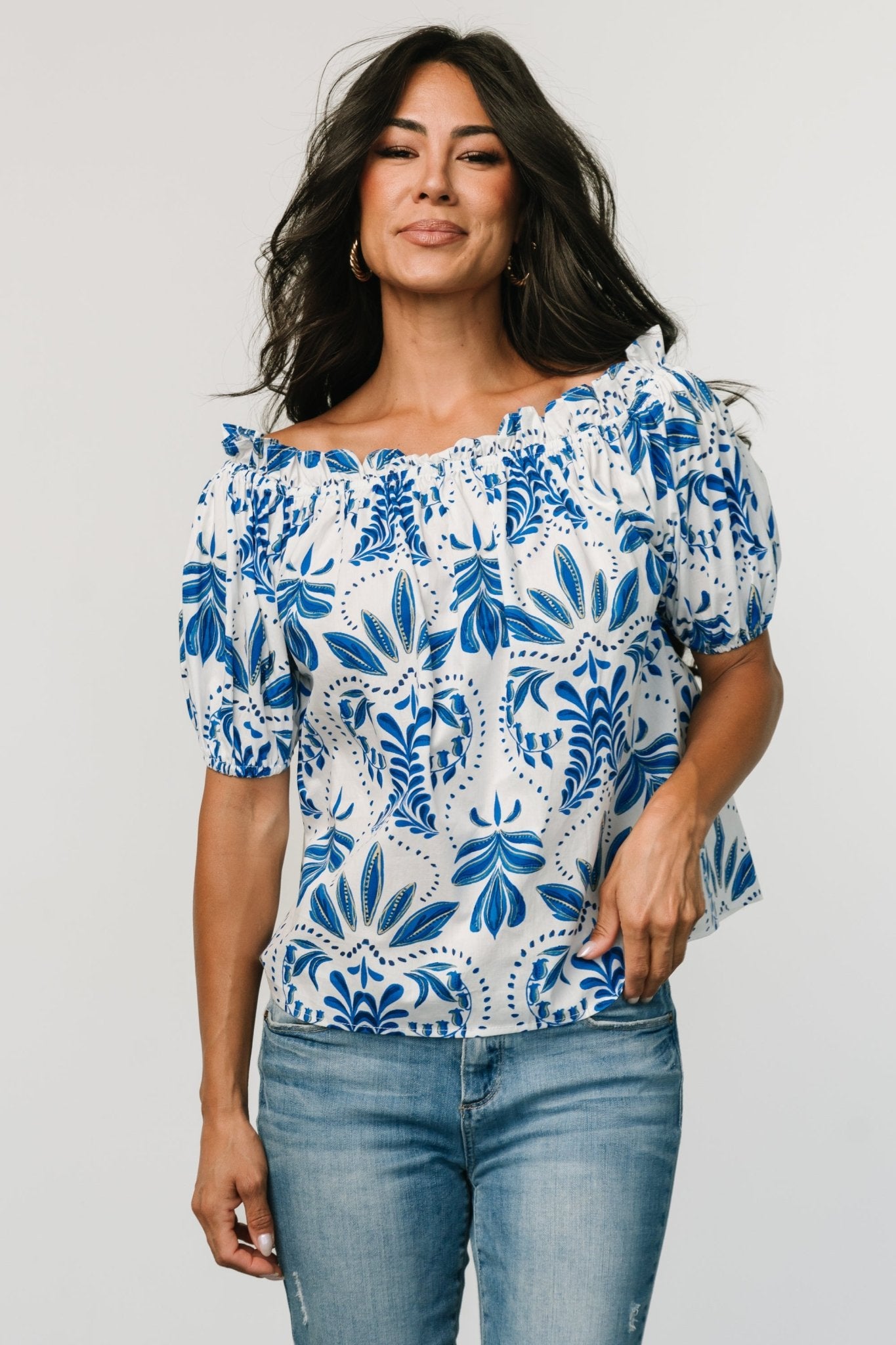 Santorini Off Shoulder Top | White + Blue Explore