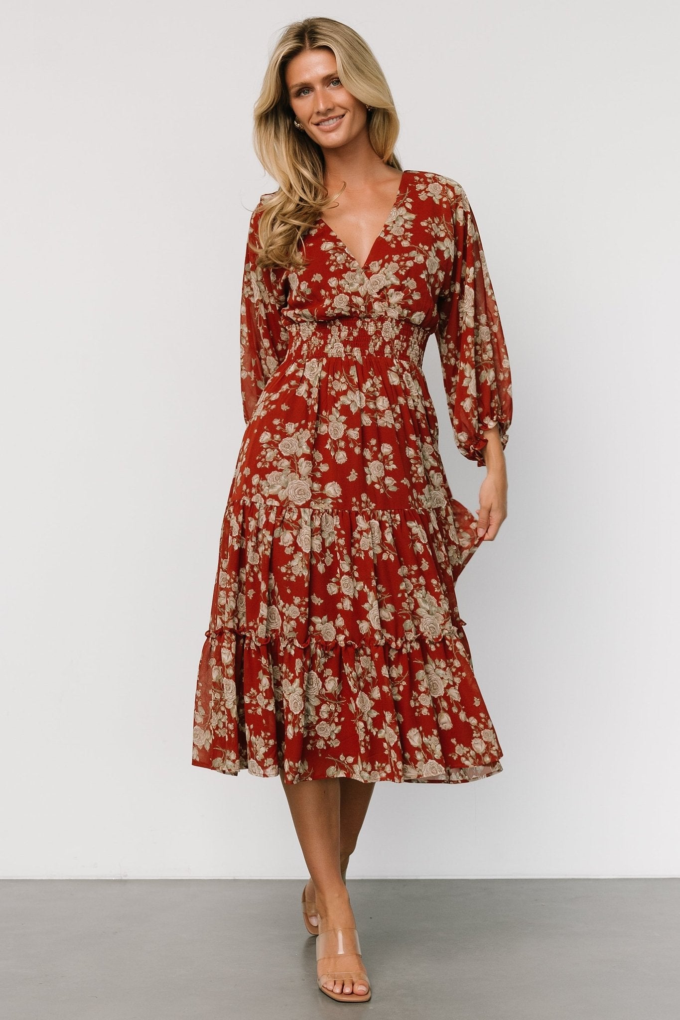 Coventry Tiered Midi Dress | Rust Floral Really For Sale