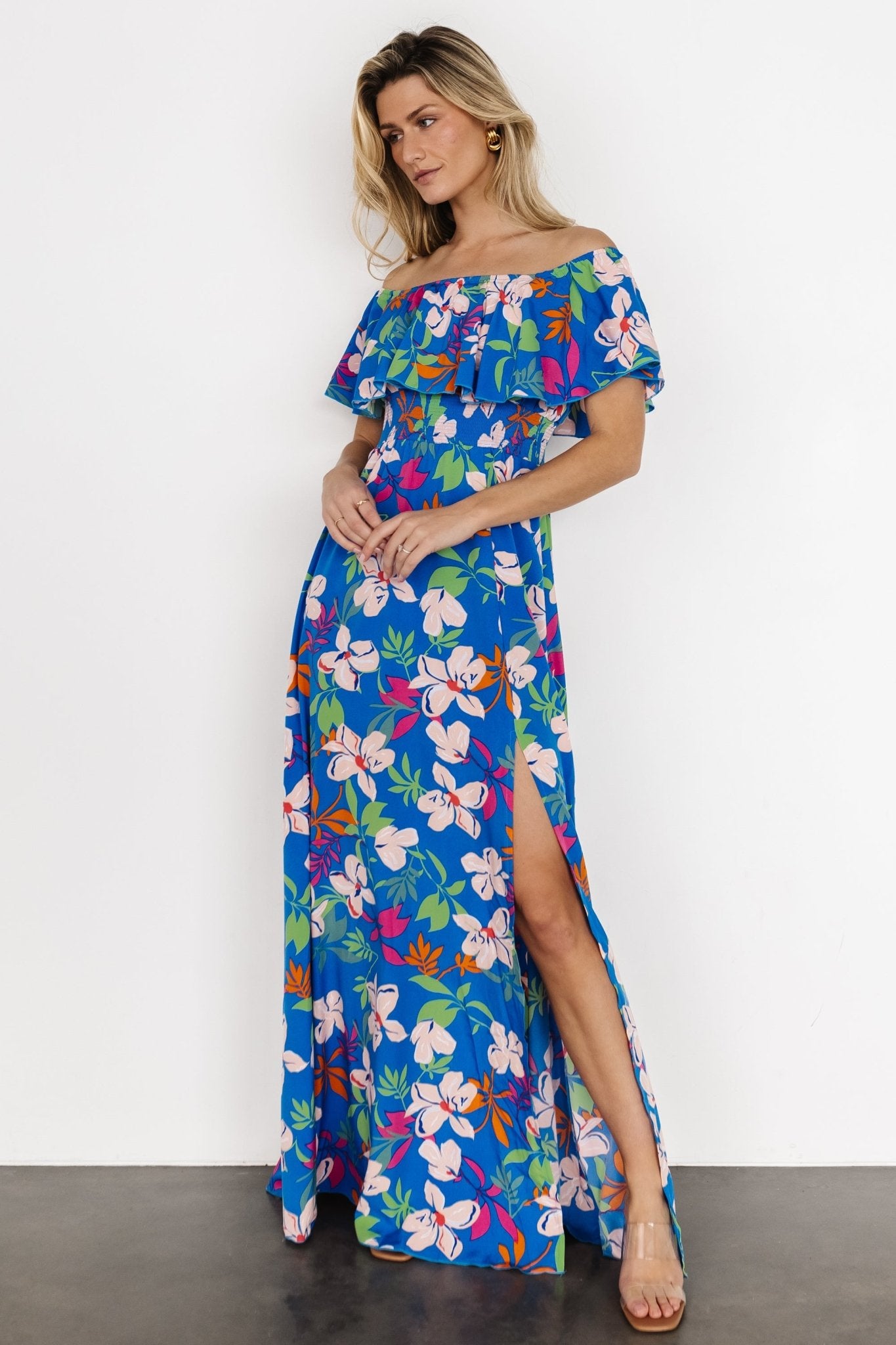 Talia Off Shoulder Maxi Dress | Blue Floral Clearance Newest