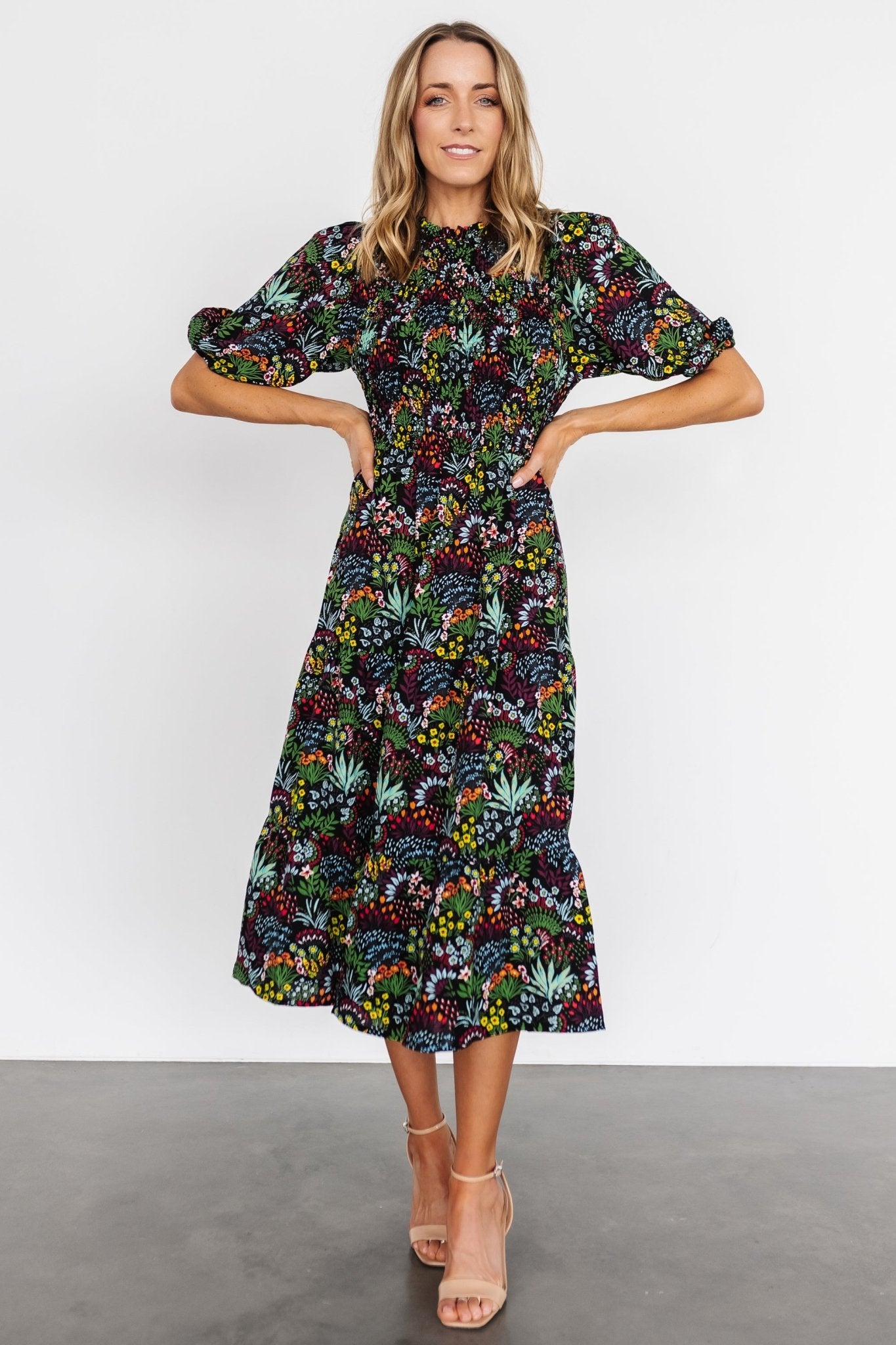 Lena Tiered Midi Dress | Black Multi Floral Cheap Sale View