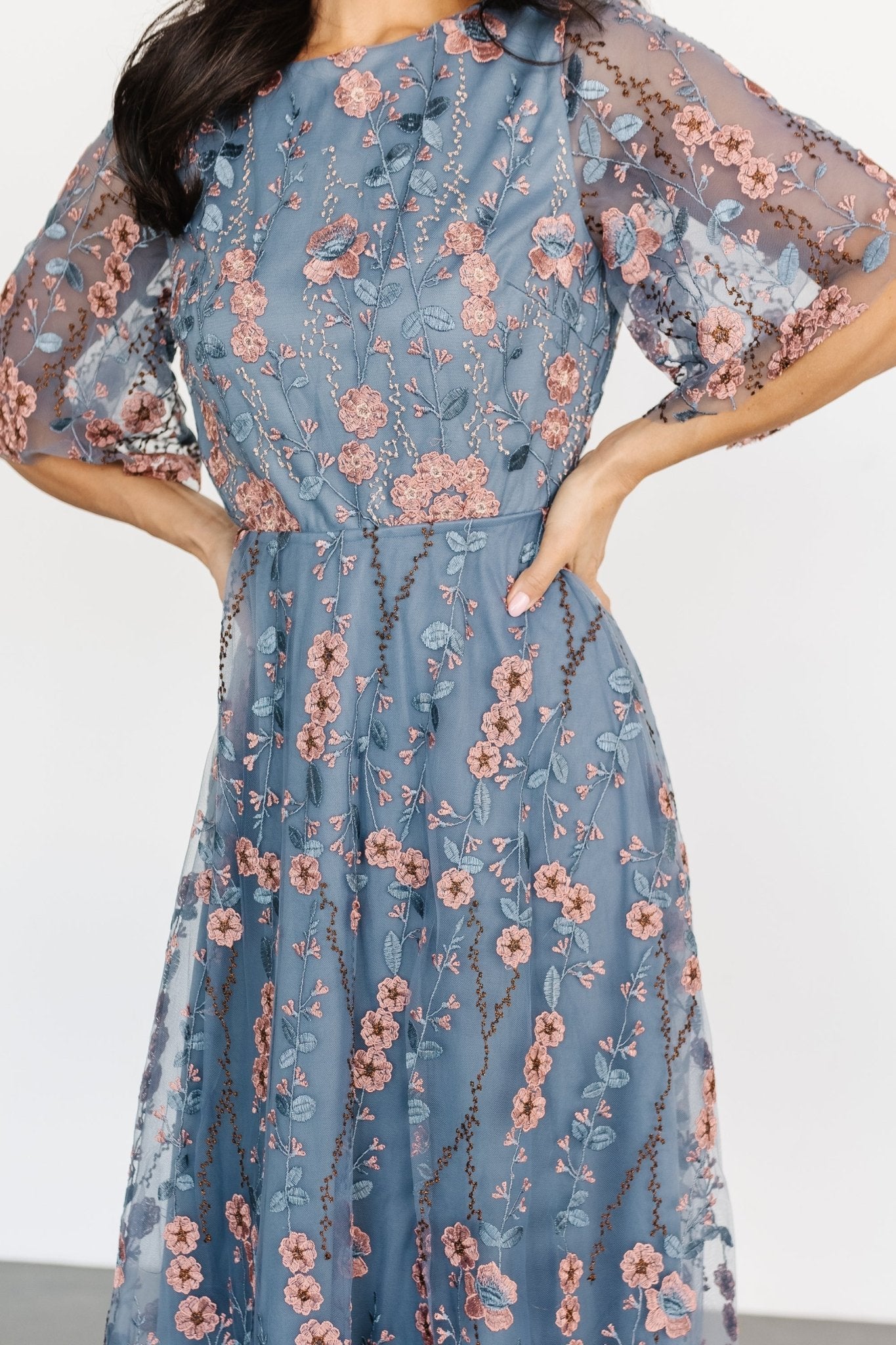 Arabella Embroidered Tulle Maxi Dress | Blue + Pink Wholesale Pice For Sale