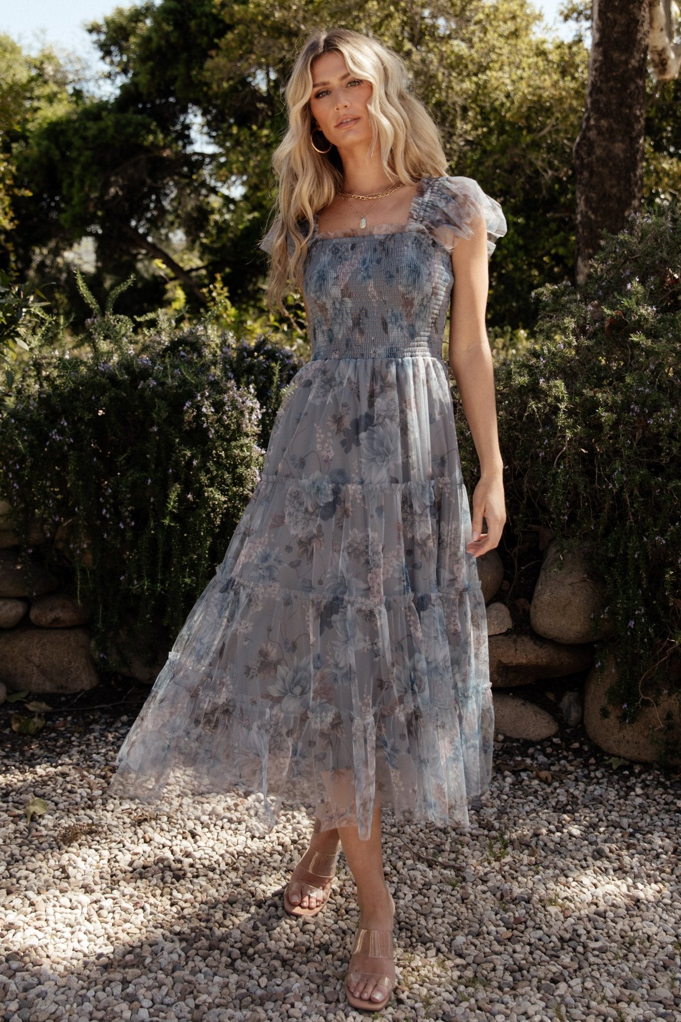 Clementine Tulle Midi Dress | Dusty Blue Floral Clearance With Mastercard