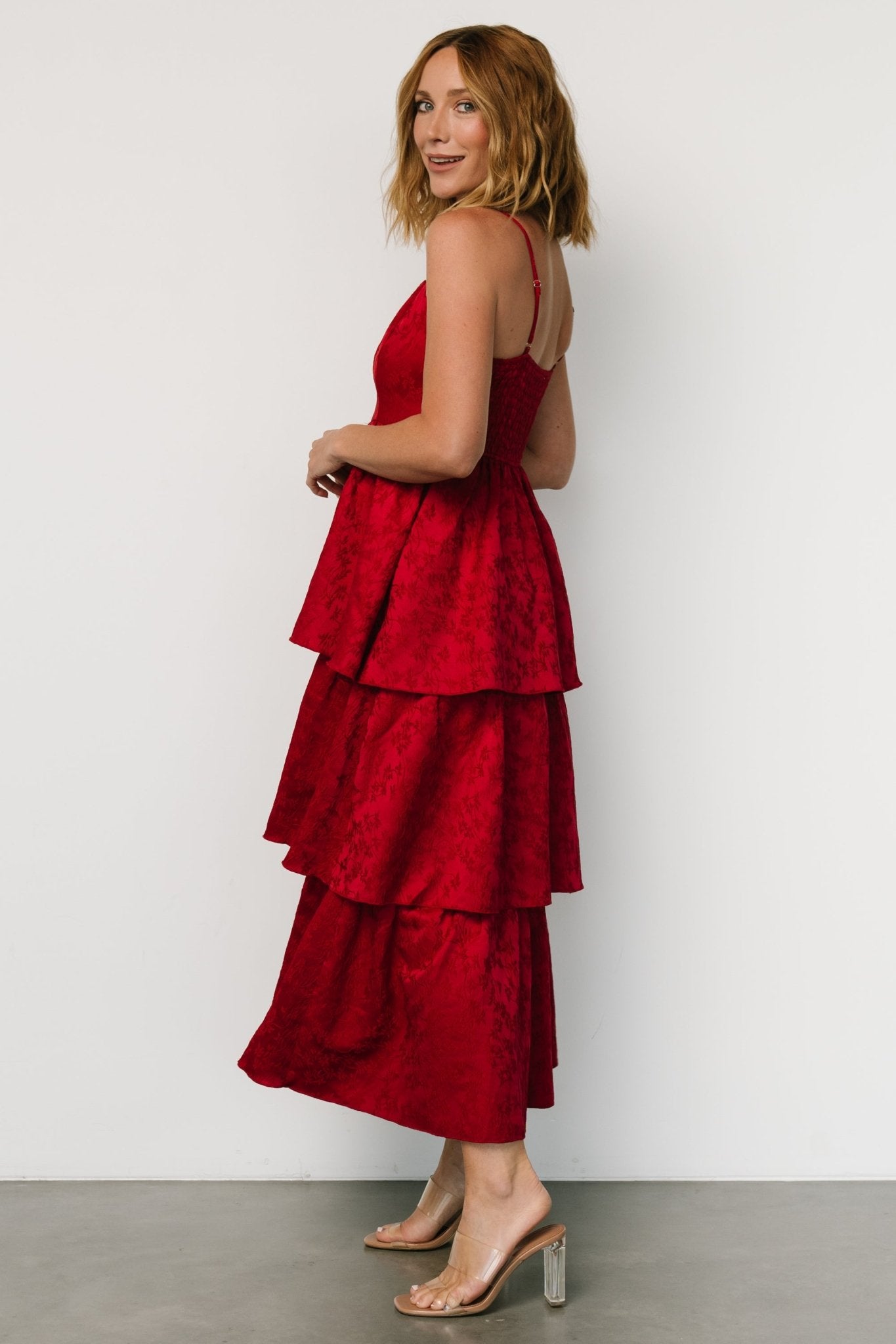 Violetta Embossed Tiered Dress | Deep Red Manchester For Sale