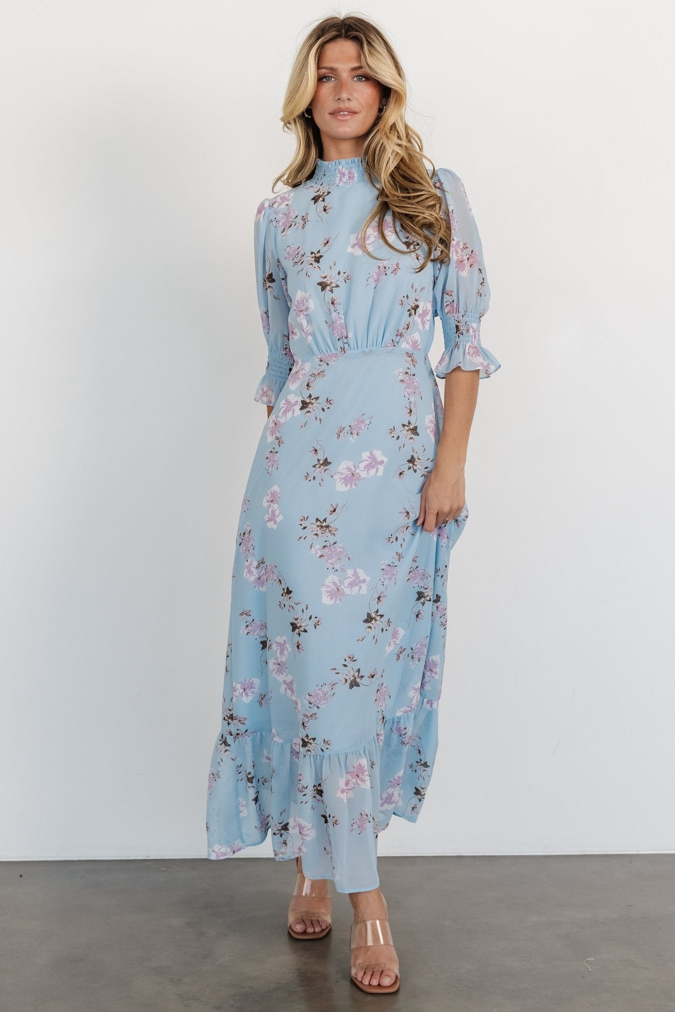 Marie Mock Neck Maxi Dress | Sky Blue Floral Affordable Cheap Pice