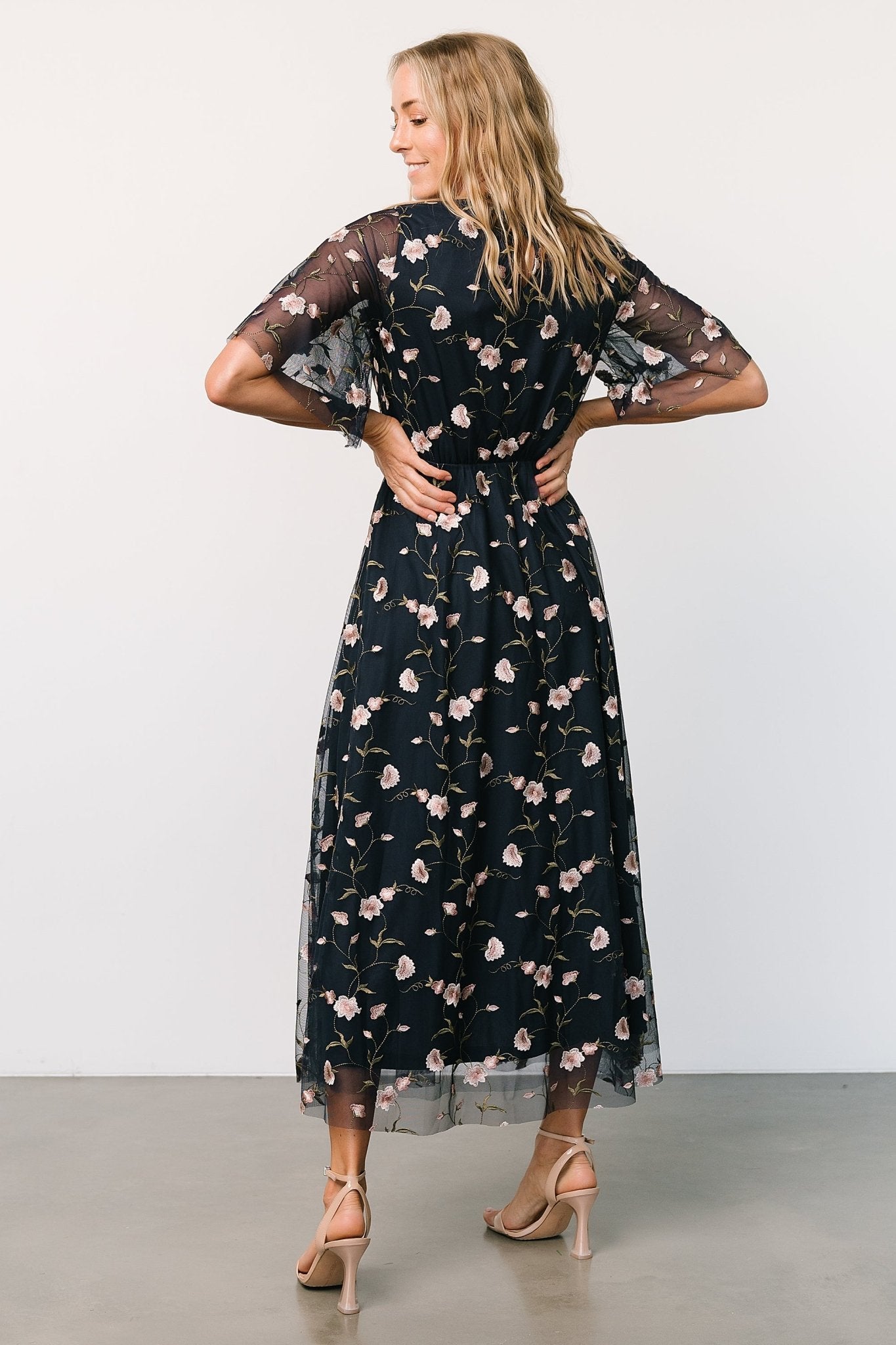 Arabella Embroidered Tulle Maxi Dress | Pink + Navy Clearance Recommend