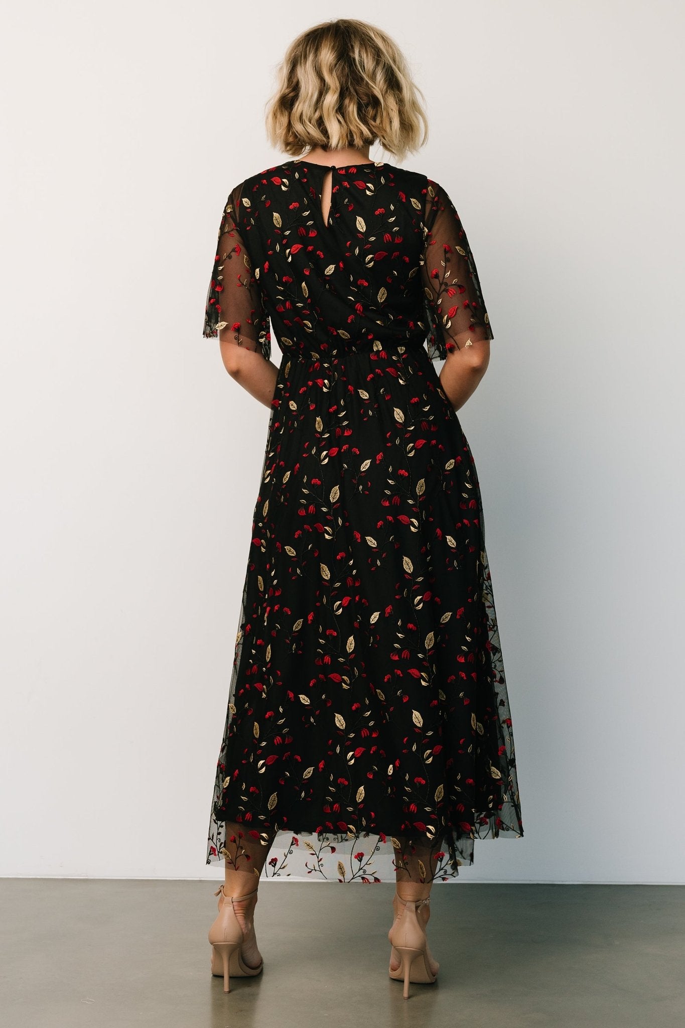 Arabella Embroidered Tulle Maxi Dress | Black + Red Pices For Sale