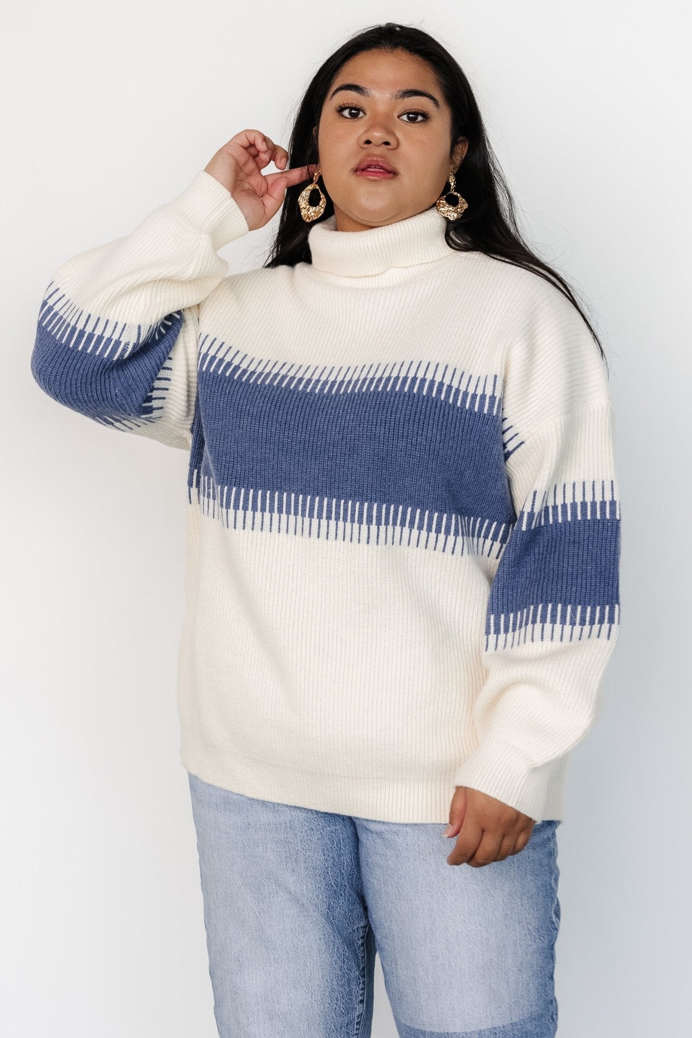 Antonov Turtle Neck Sweater | Blue + Cream Outlet Cheap Online