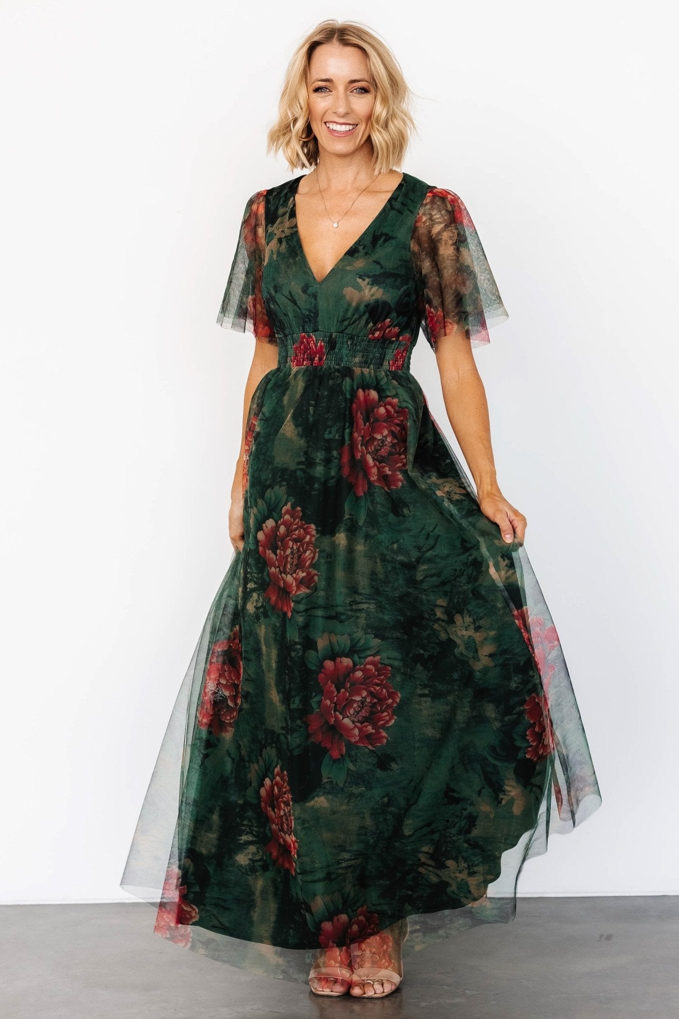 Cressida Tulle Maxi Dress | Dark Green + Red Floral Affordable Online