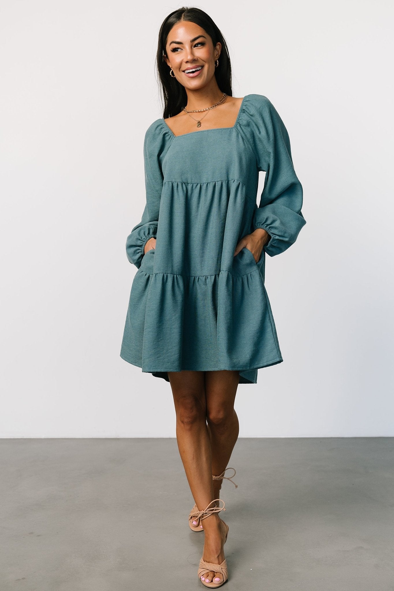 Selena Tiered Mini Dress | Vintage Teal Free Shipping Manchester