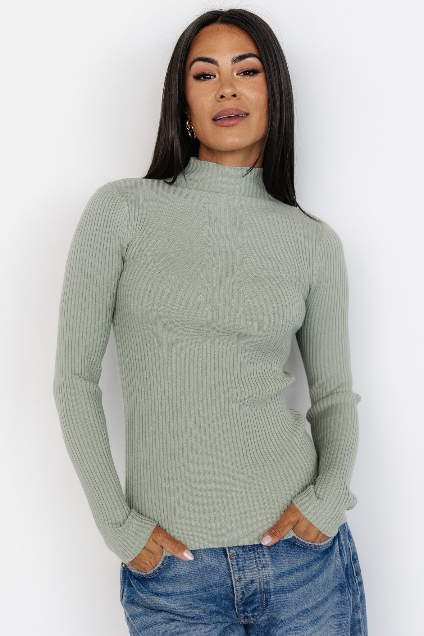 Ari Ribbed Long Sleeve Top | Sage Huge Surprise For Sale