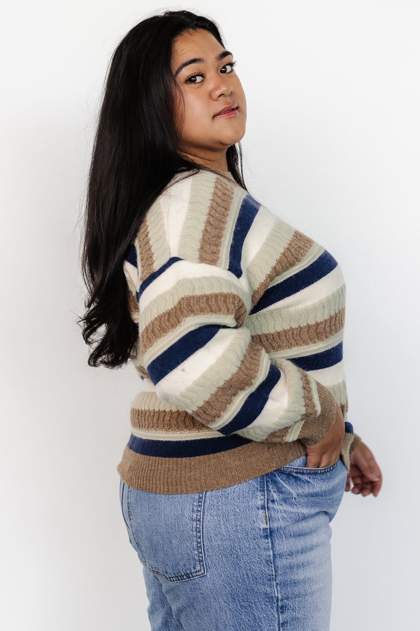 Kira Striped Sweater | Navy + Sage Multi Pices For Sale