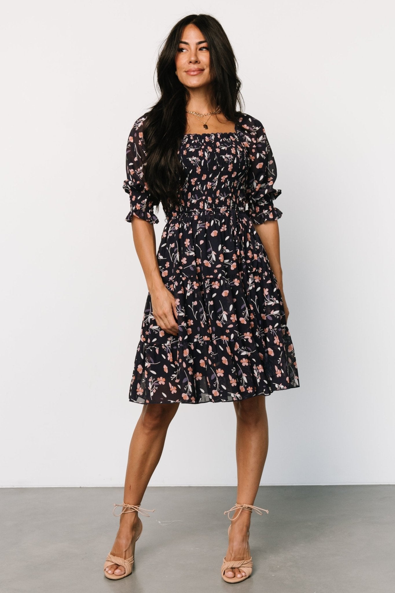 Azlyn Smocked Short Dress | Navy + Pink Floral Get To Buy Sale Online