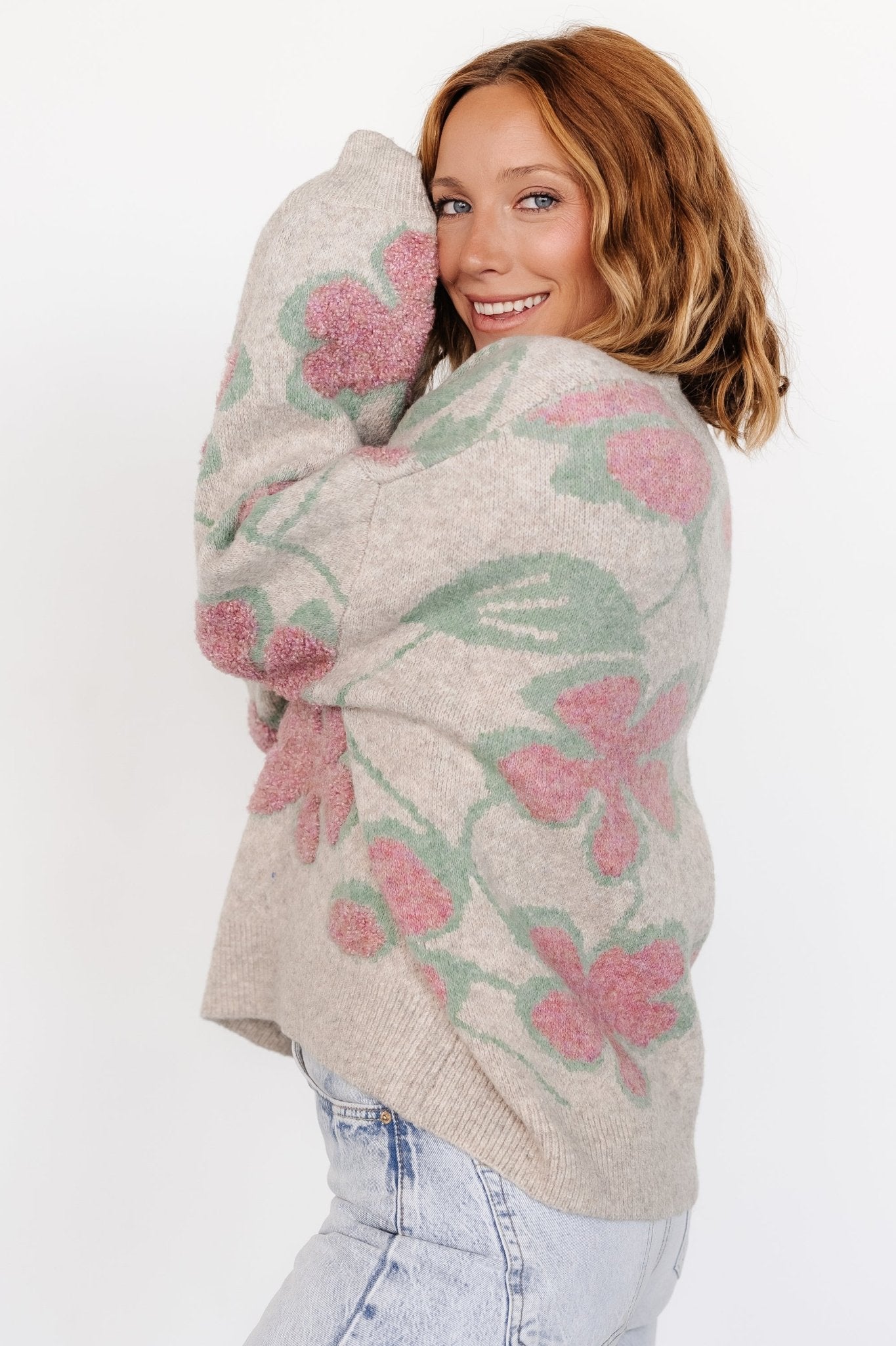 Lisbeth Flower Sweater | Green + Pink Shop For Sale