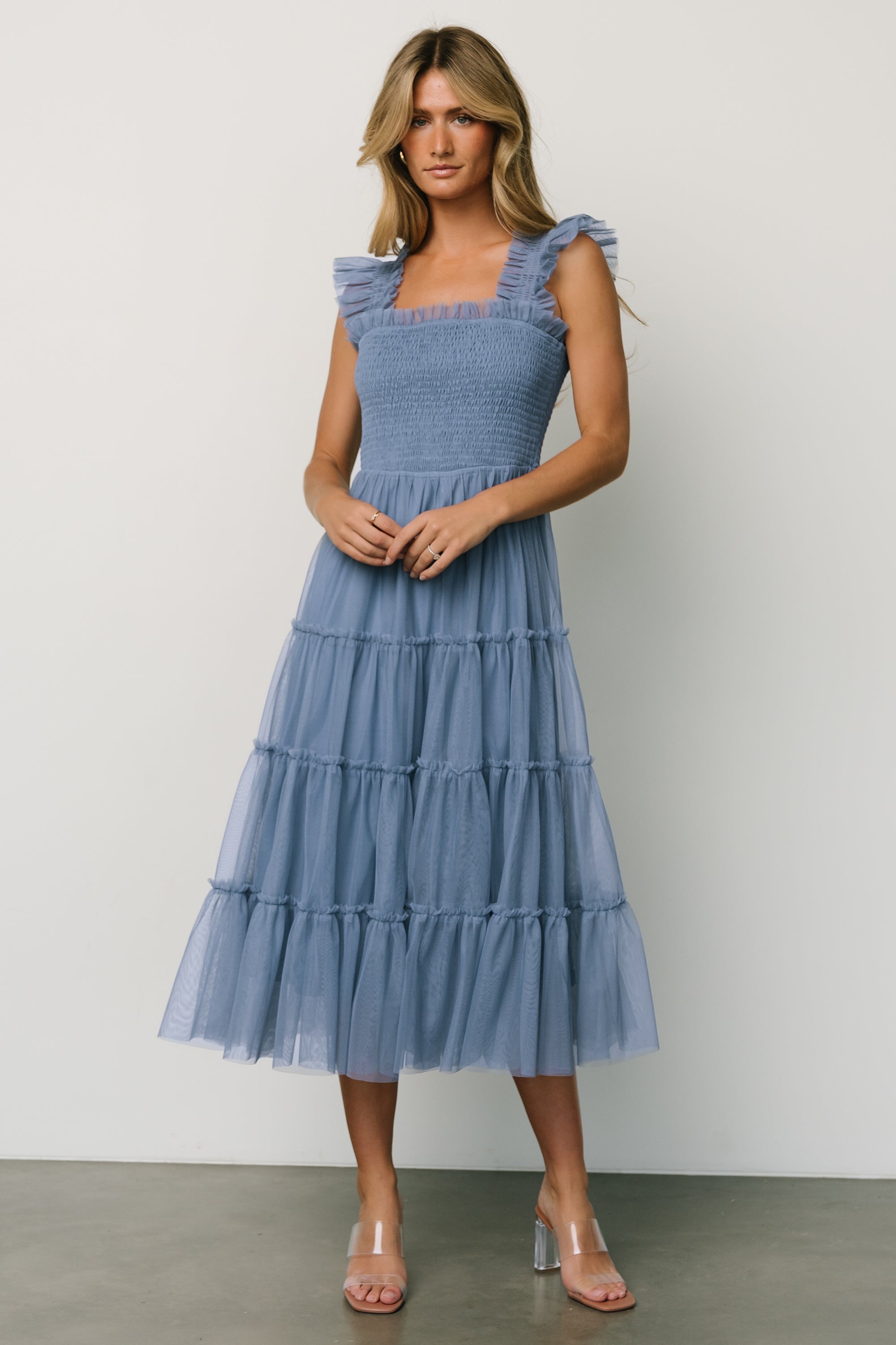 Emma Smocked Tulle Dress | Slate Blue Reliable Sale Online