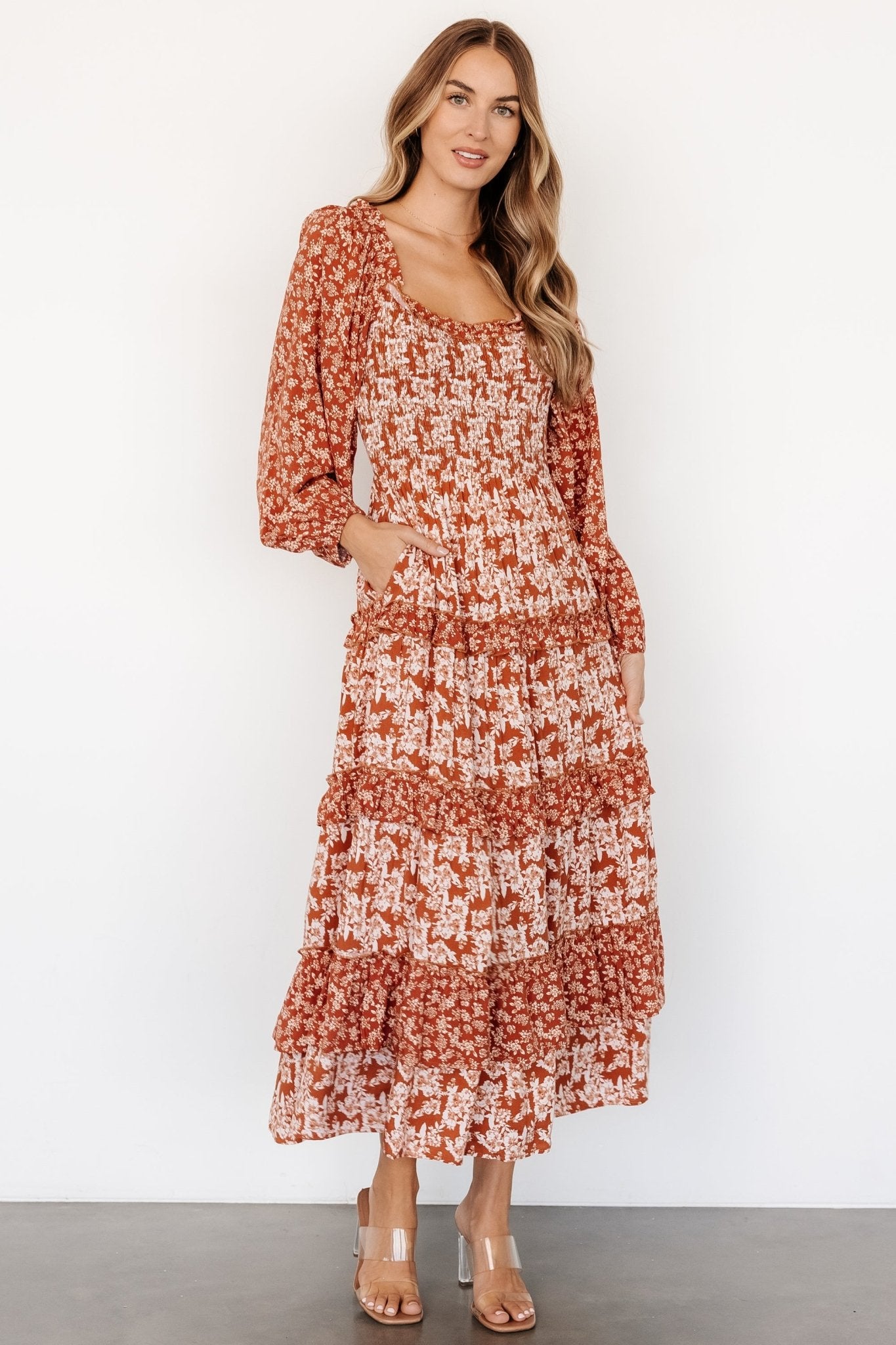 Dynah Tiered Dress | Rust +Cream Floral Pay With Visa For Sale