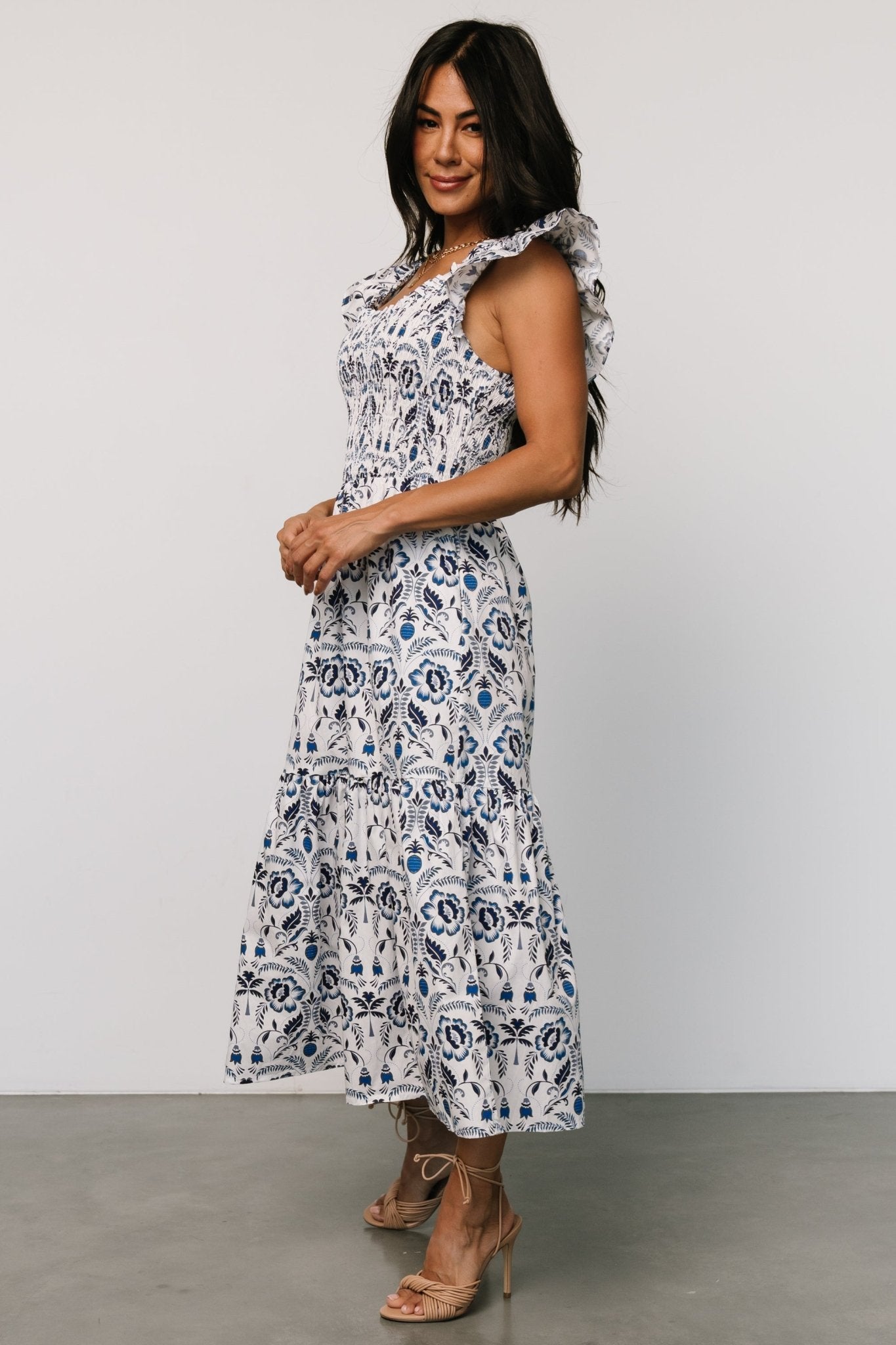 Rhodes Smocked Dress | White + Blue Print Tumblr Sale Online