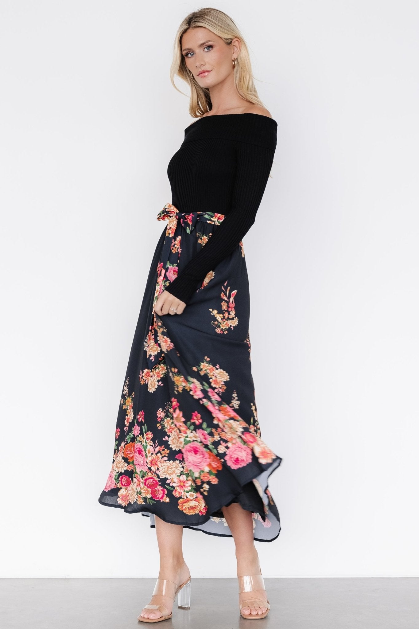 Qadira Off Shoulder Dress | Black + Multi Floral Comfortable