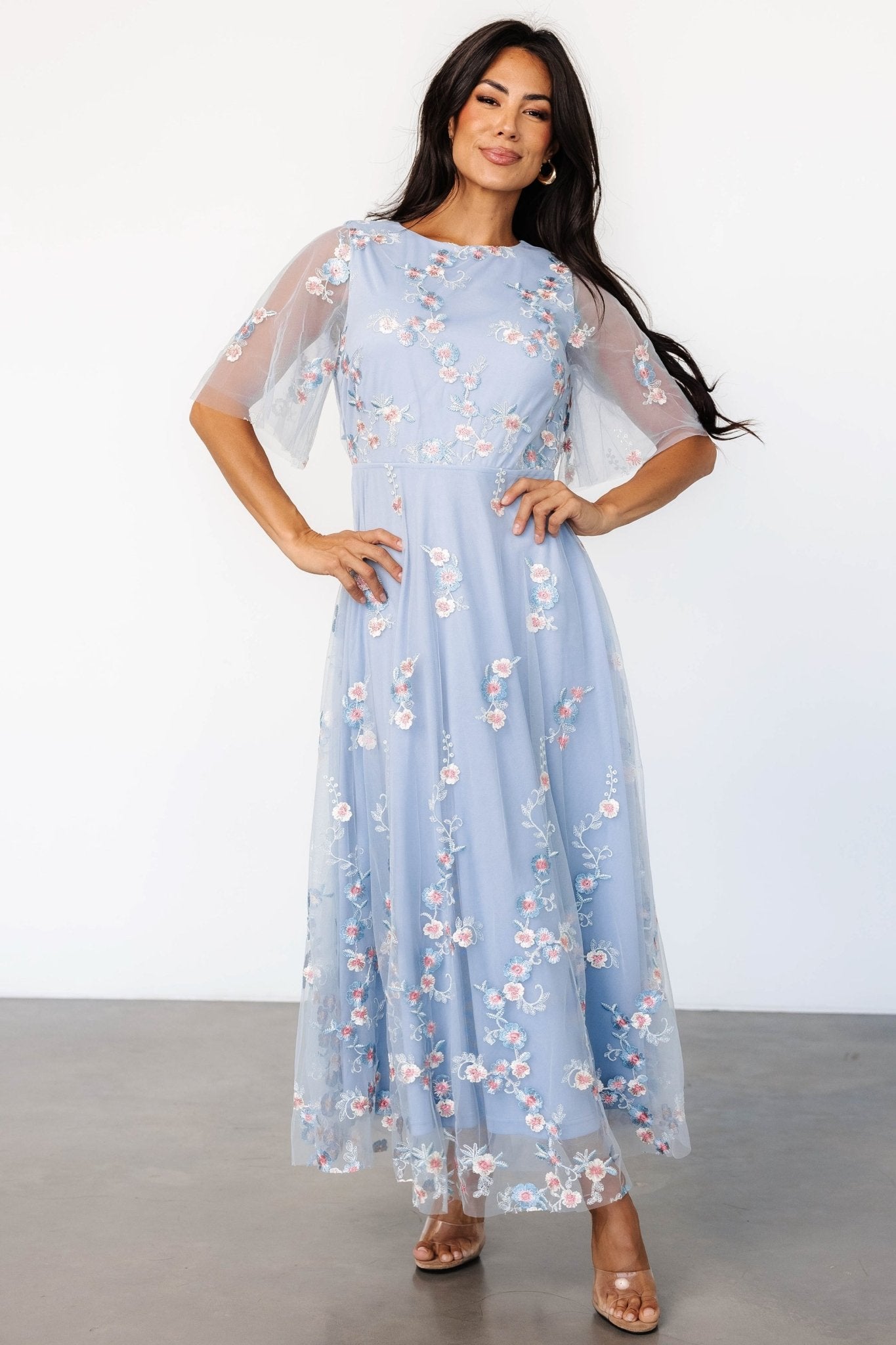 Arabella Embroidered Tulle Maxi Dress | Light Blue + Blush Safe Shopping Cheap Online