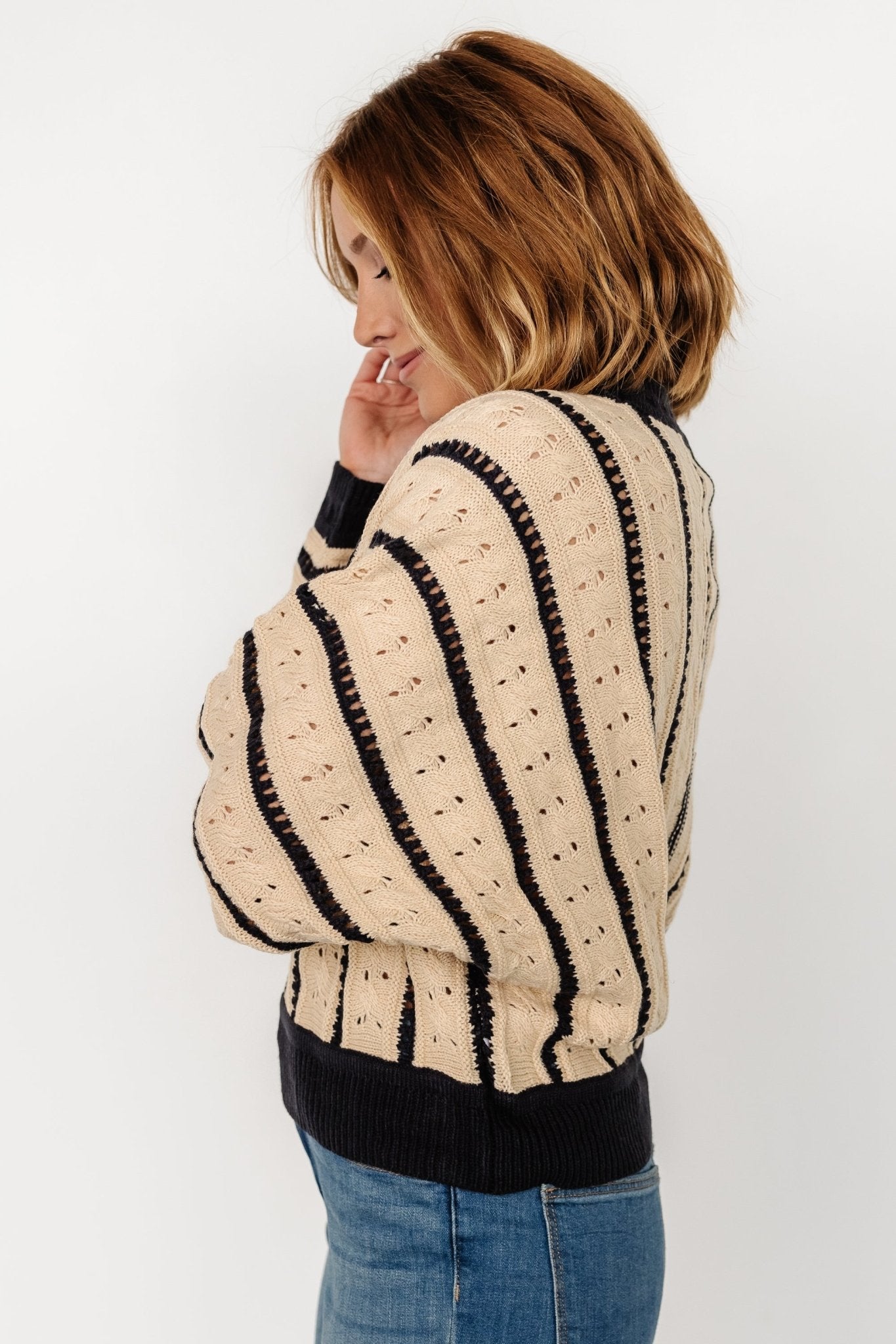 Paola Pointelle Sweater | Beige + Navy Outlet Pices