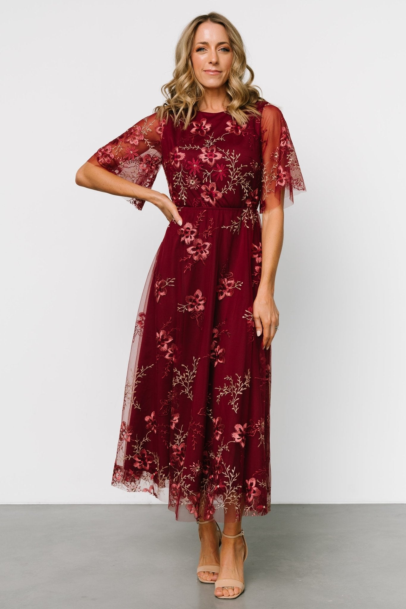 Arabella Embroidered Tulle Maxi Dress | Burgundy Floral For Nice Online