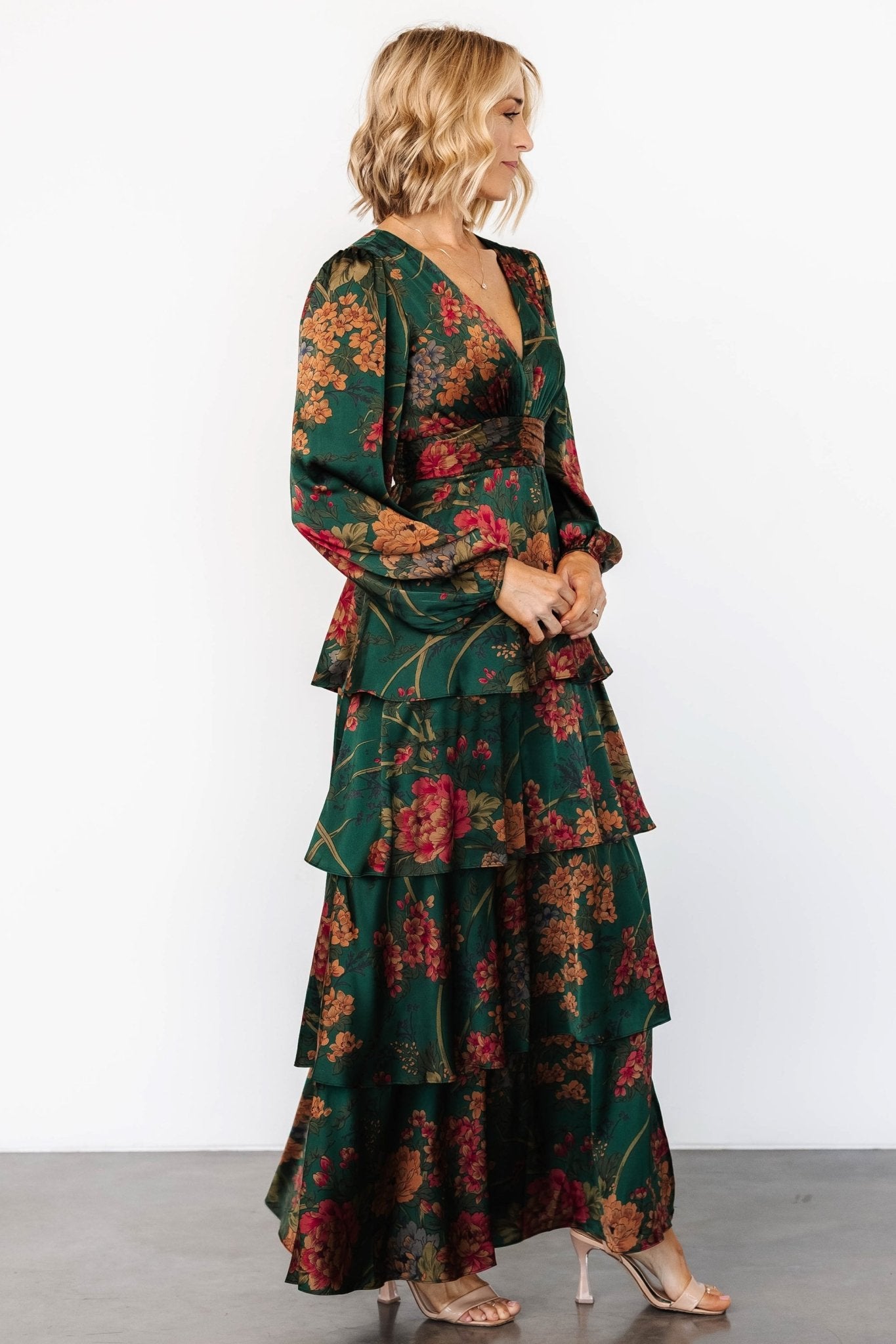 Montrouge Tiered Satin Dress | Emerald Floral Cheap Sale Purchase